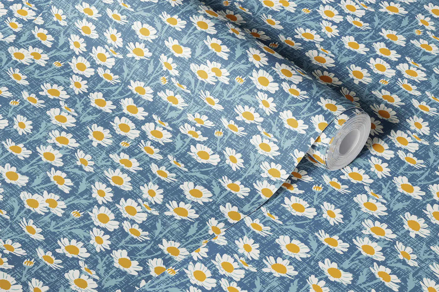 Daisy field on muted blue wallpaper roll