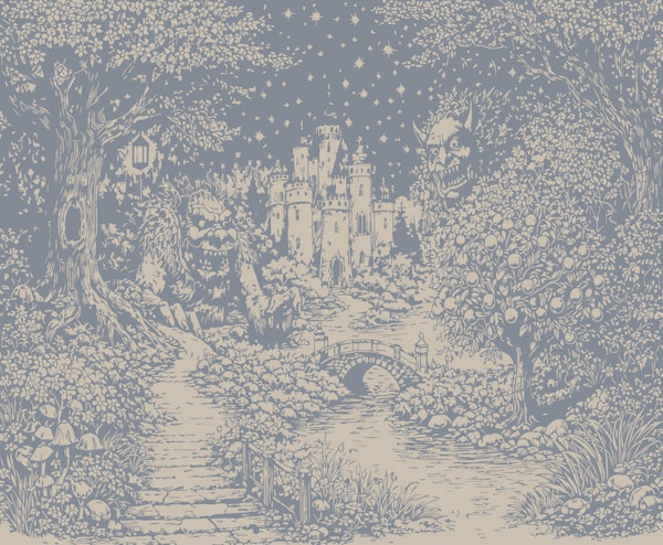 Mystical forest path to castle blue