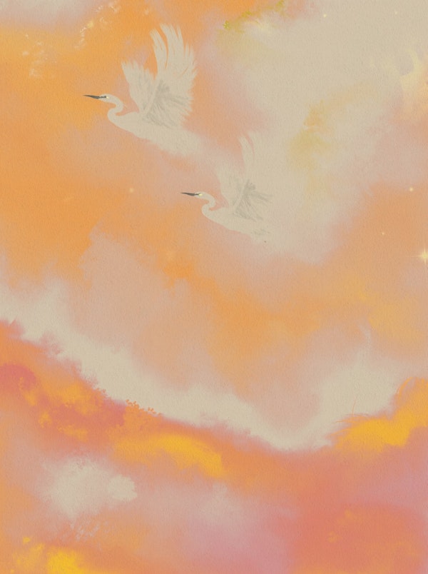 Celestial Herons in Golden Clouds