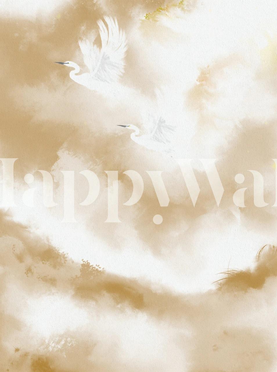 Calm Cream Clouds with White Egrets wallpaper in a room