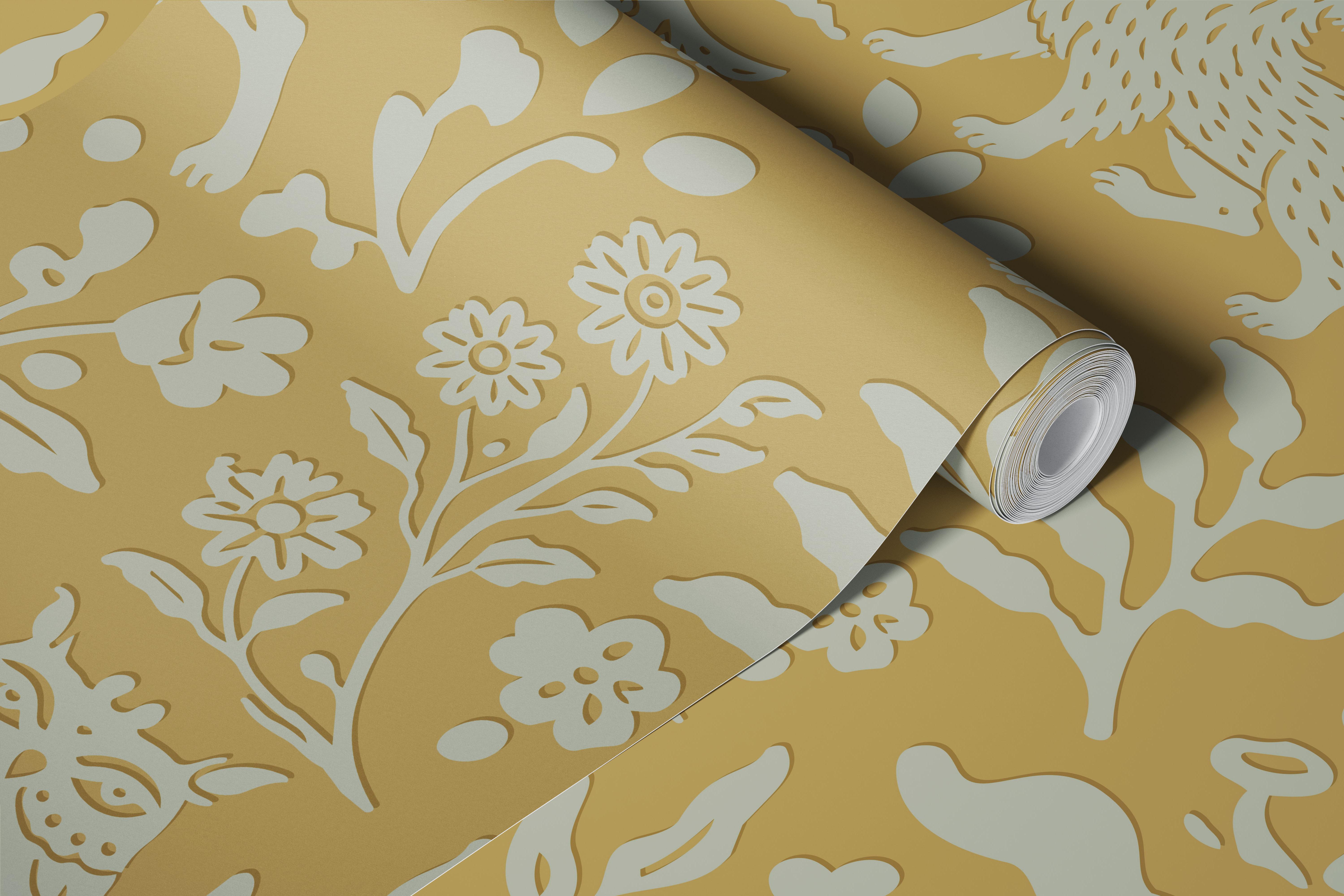 Folklore forest creatures mustard wallpaper design