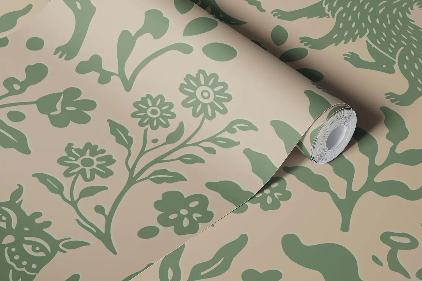 Folklore Forest Creatures green wallpaper roll