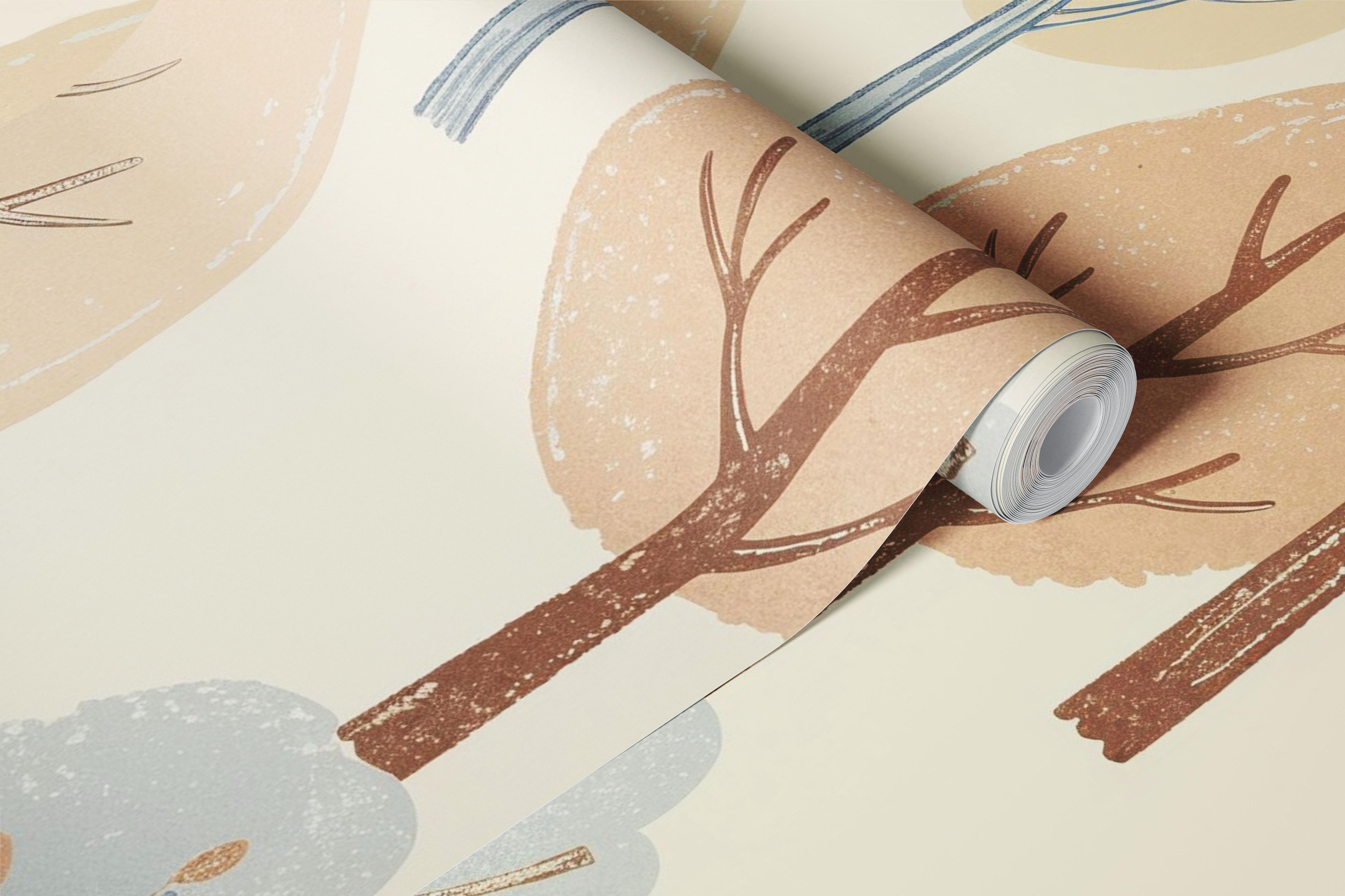 Whimsical winter trees wallpaper in a soft room