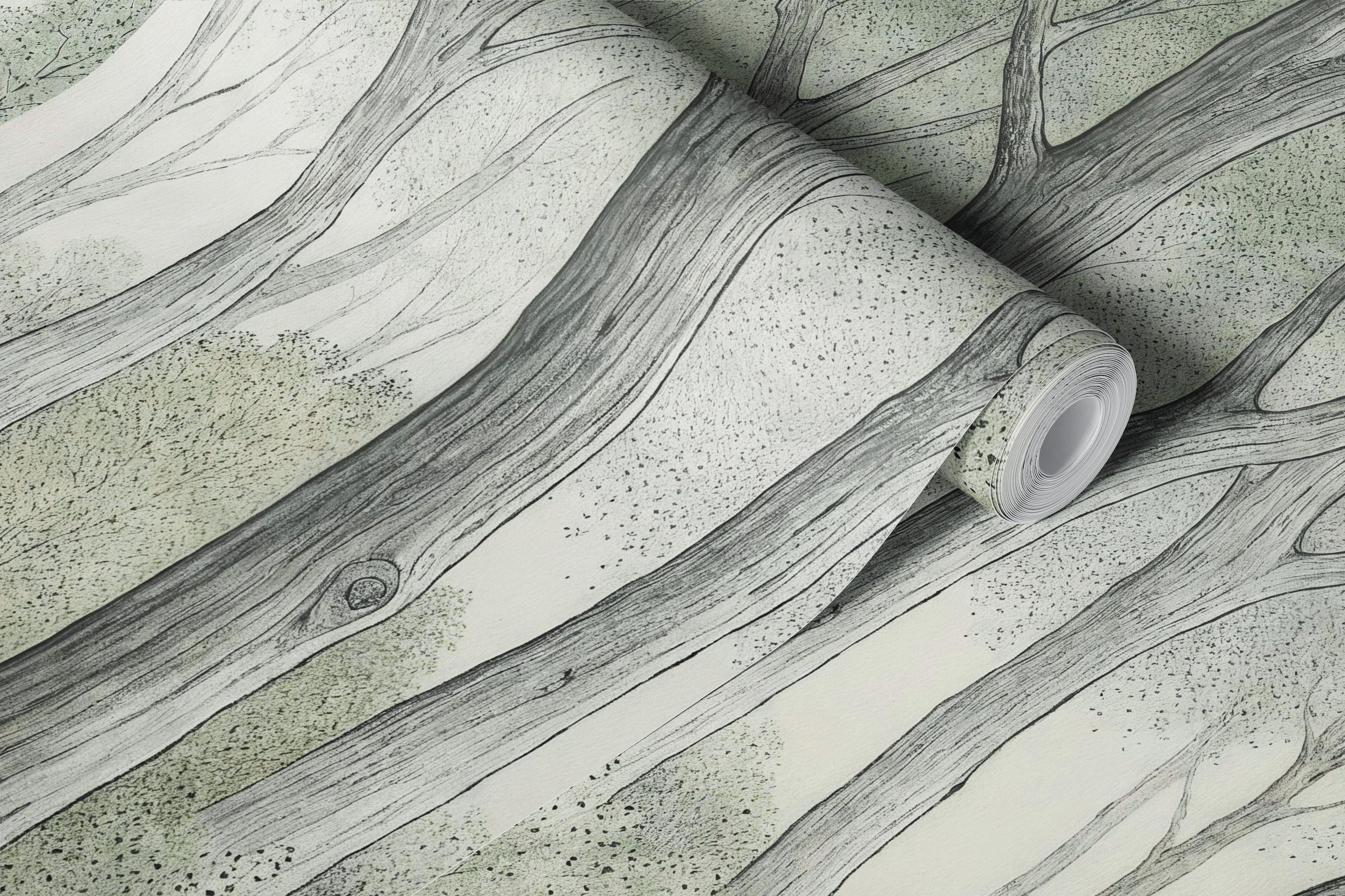 Misty woodland sketch wallpaper in a soft room