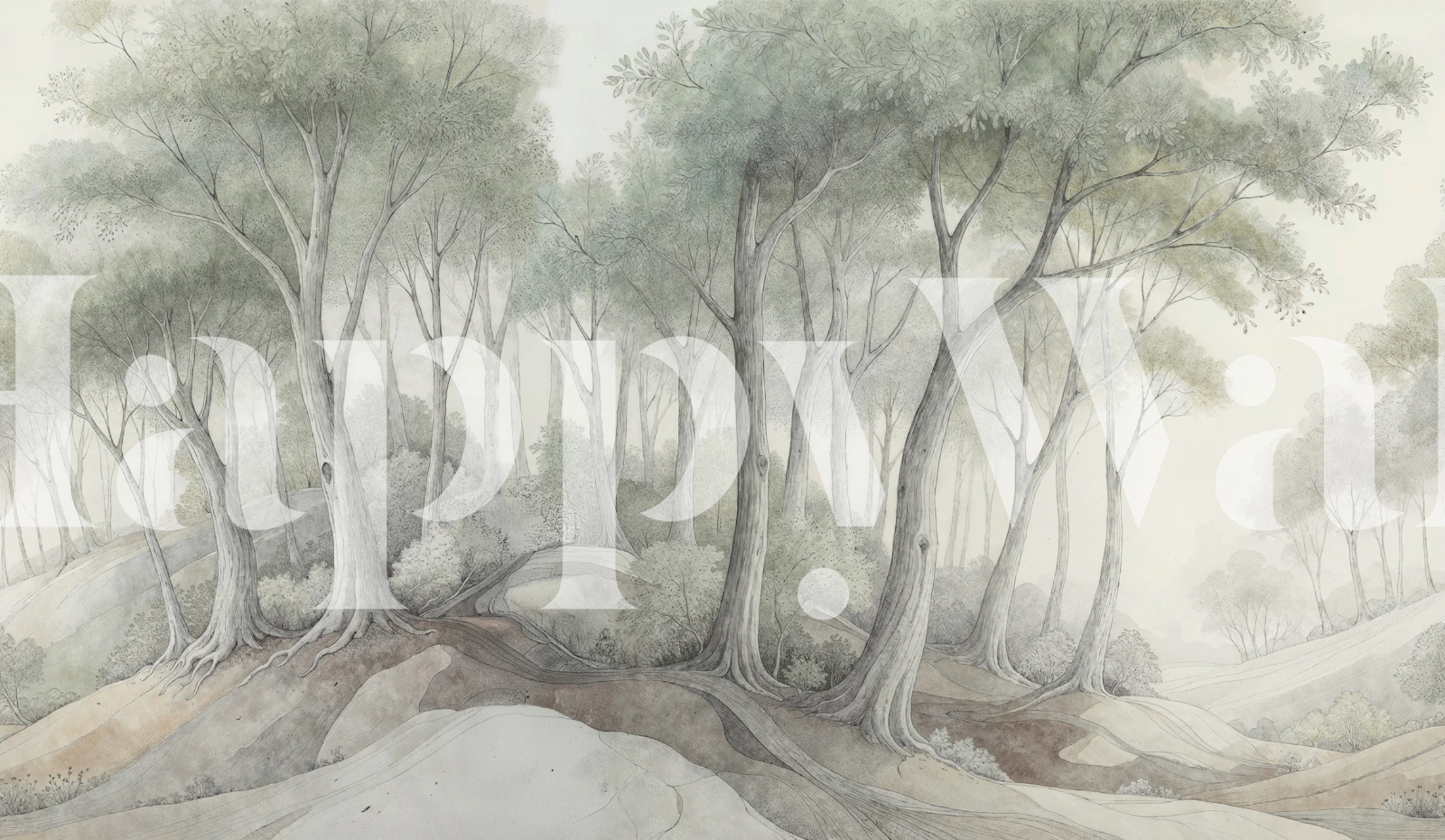 Misty woodland sketch wallpaper in a soft room