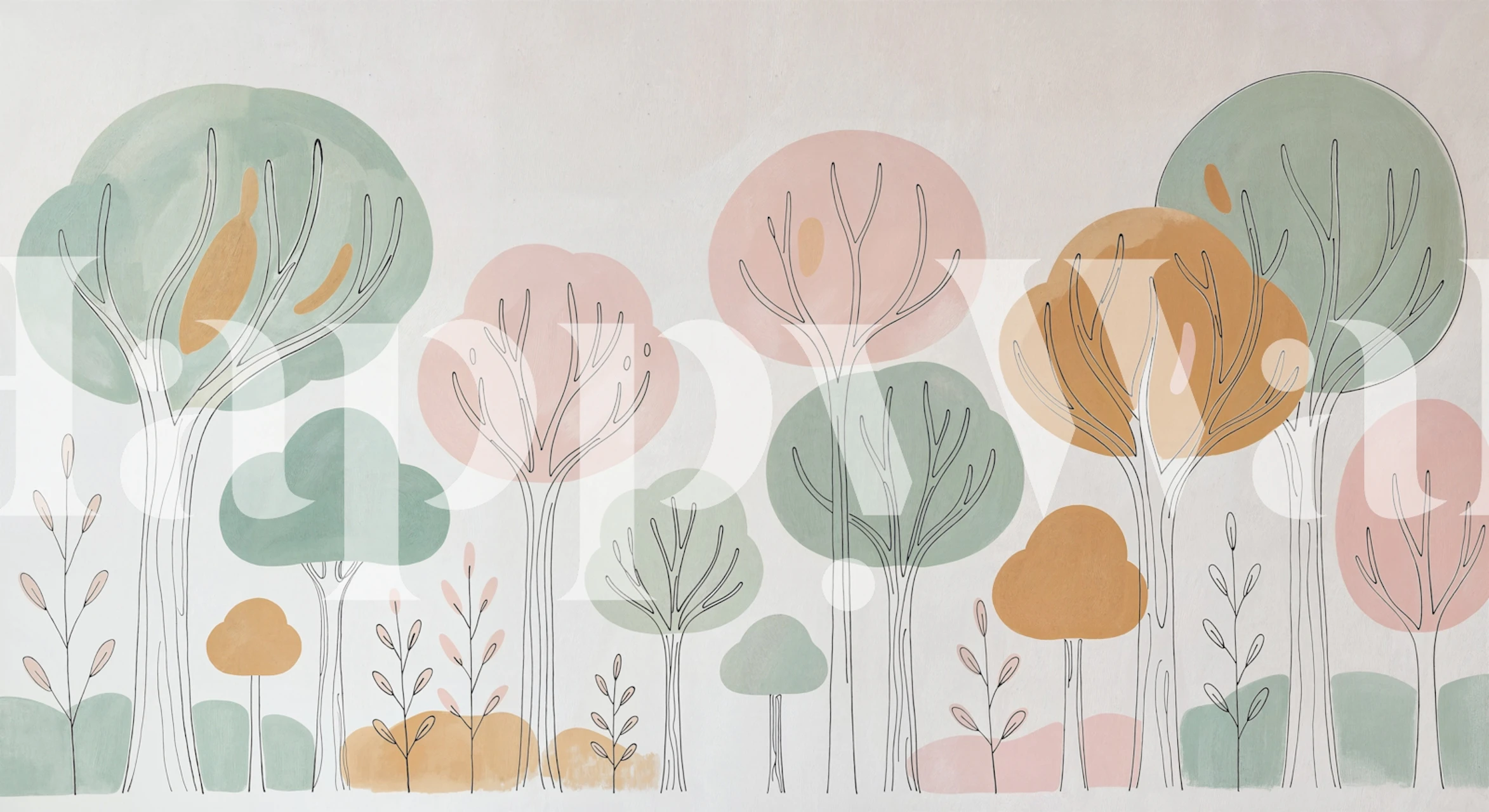 Pastel woodland tree wallpaper in a soft room