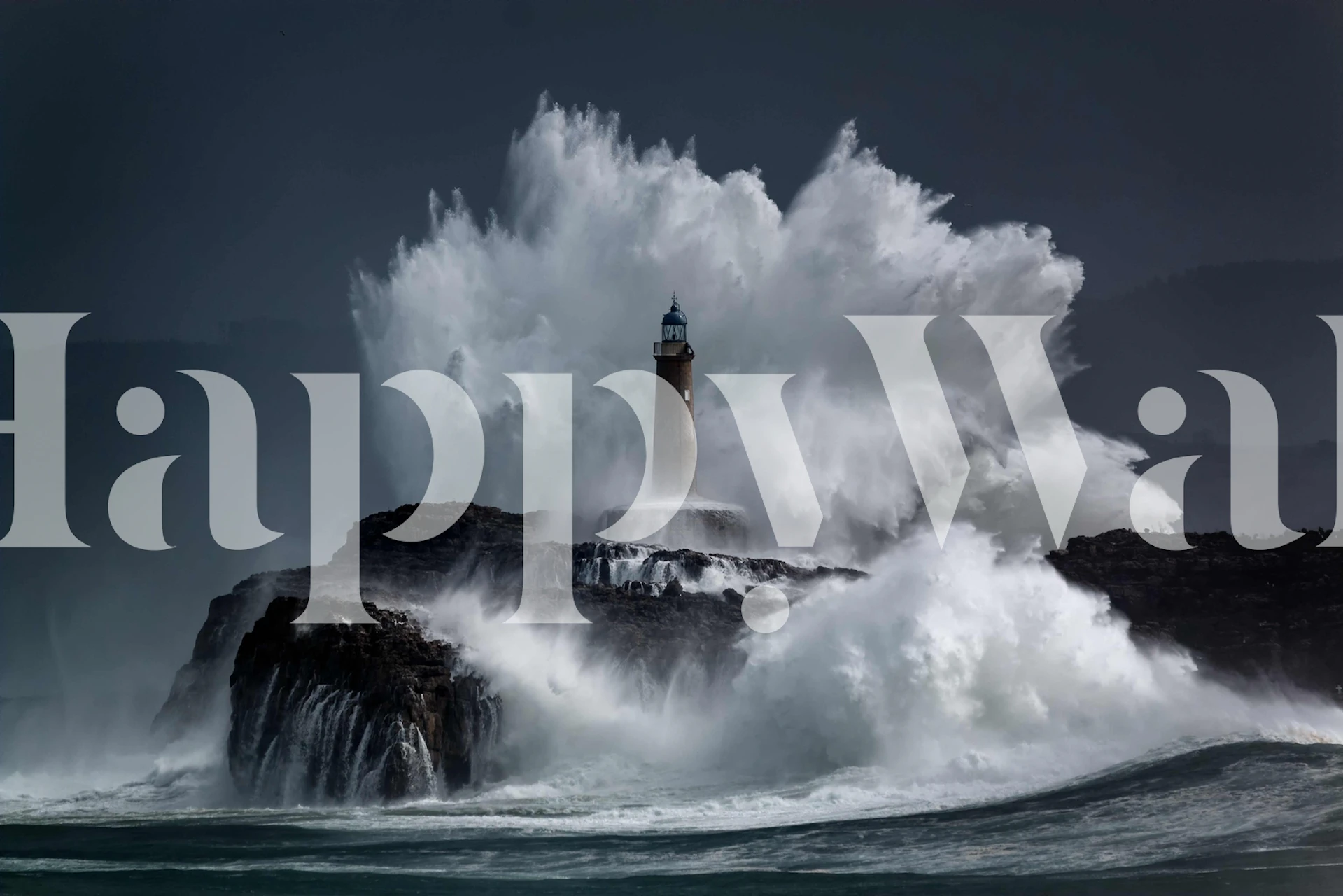 Lighthouse standing on rocky coast with crashing waves wallpaper
