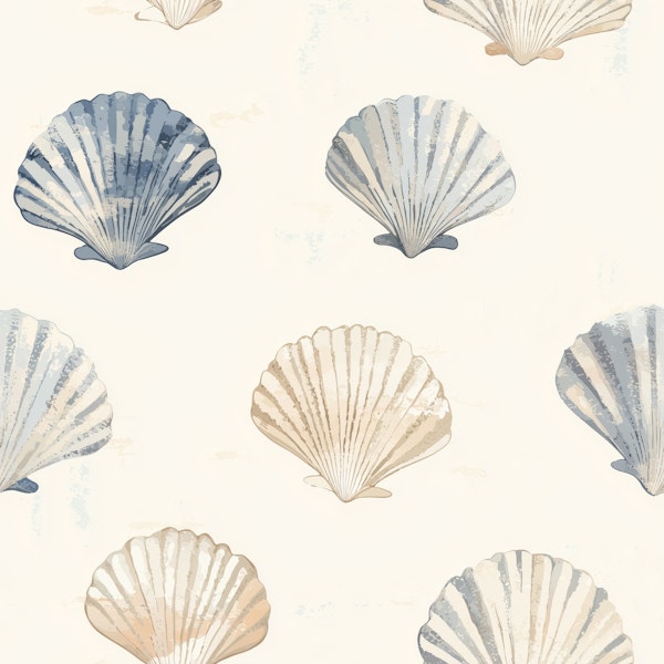 Scallop Shell Coastal Beige Blue Pattern M
