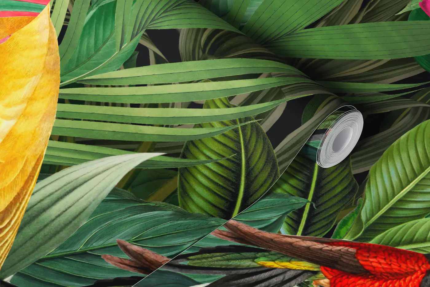 Exotic Tropical Flora and Parrots wallpaper roll