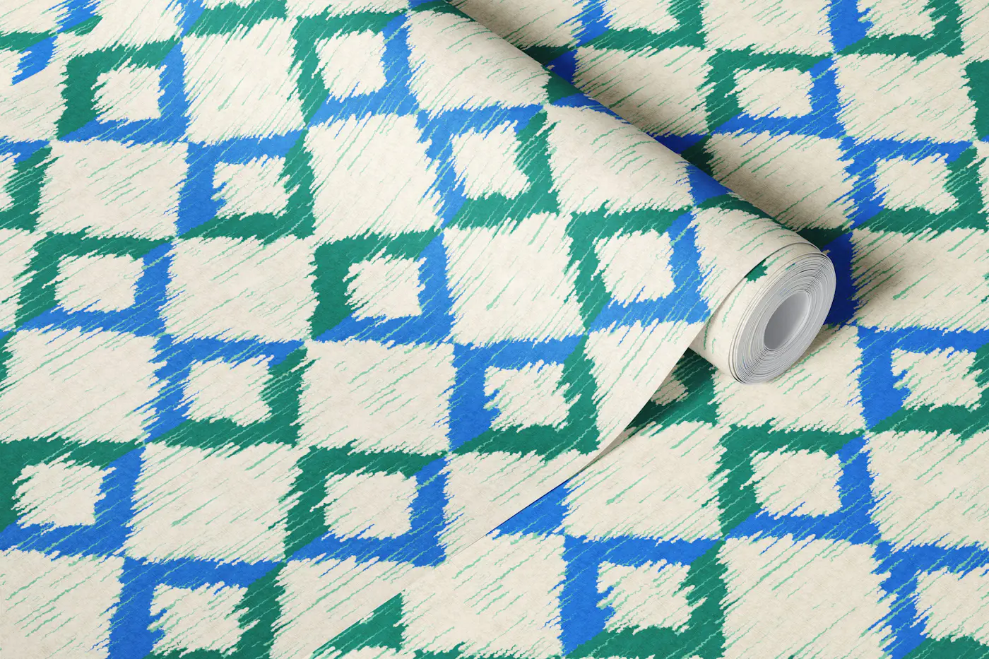 Bold Ikat Rectangles Green Blue Aqua Small wallpaper roll