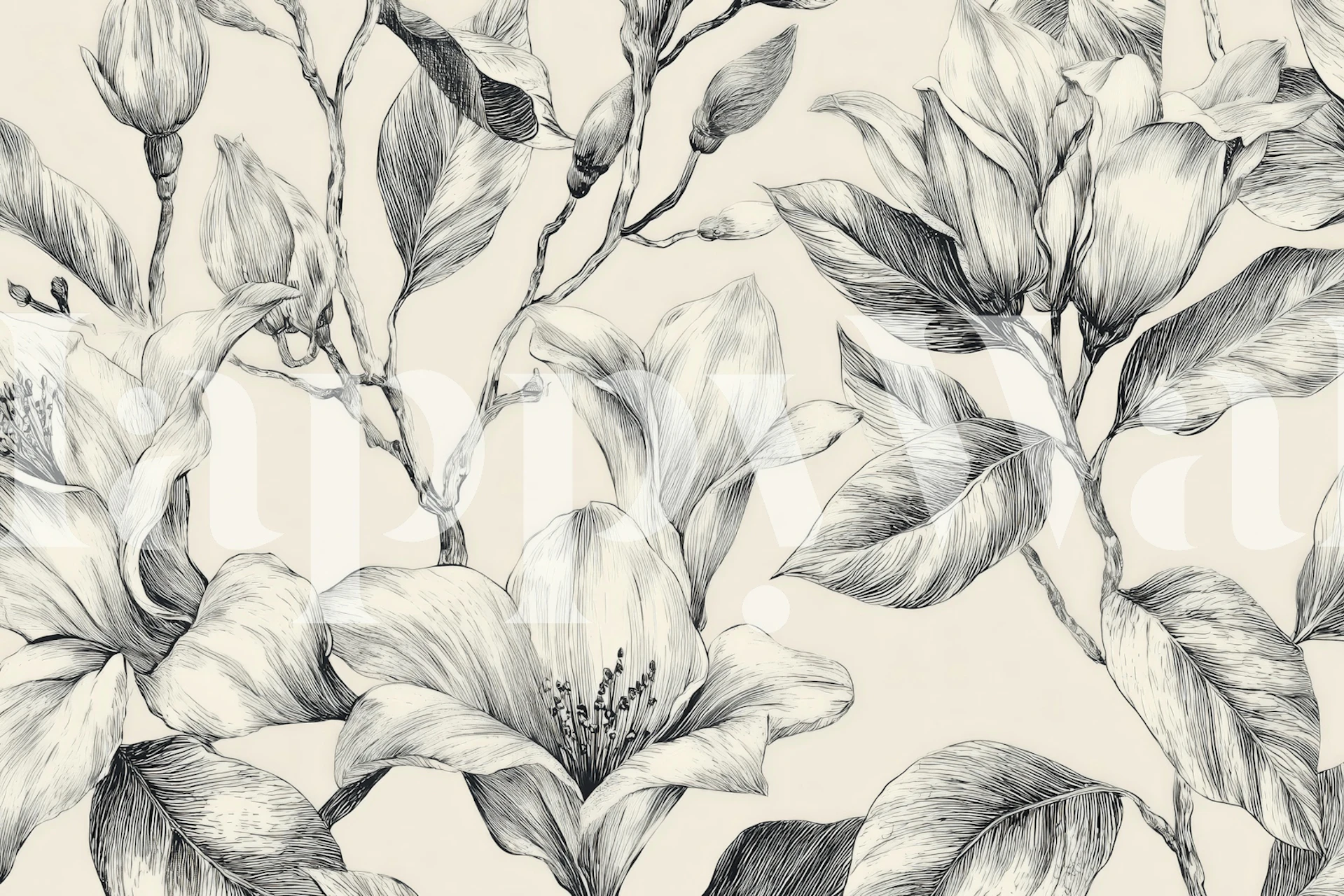 Botanical Ink Magnolia Pattern behang in een kamer