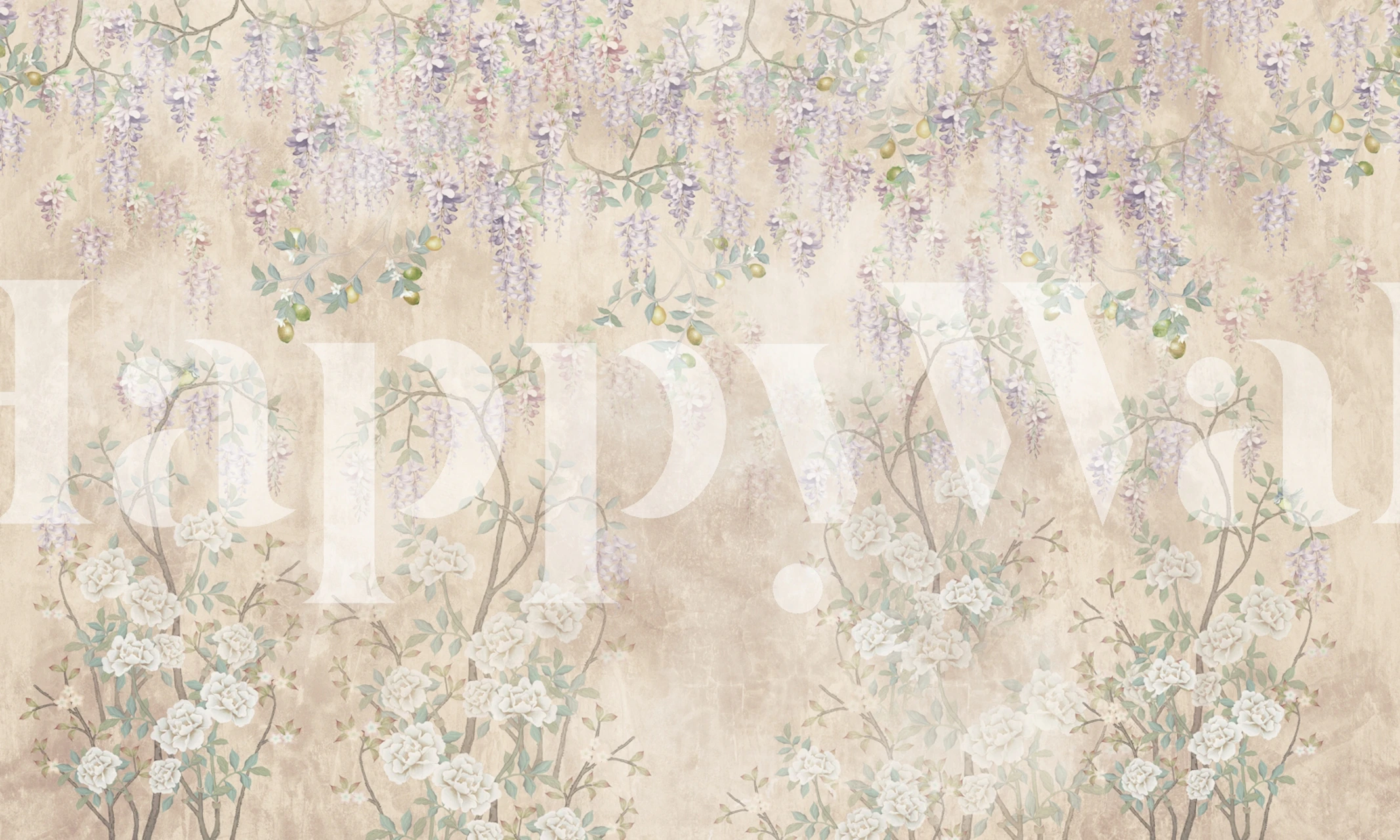 Lavender Wisteria Canopy Soft Beige wallpaper in a room