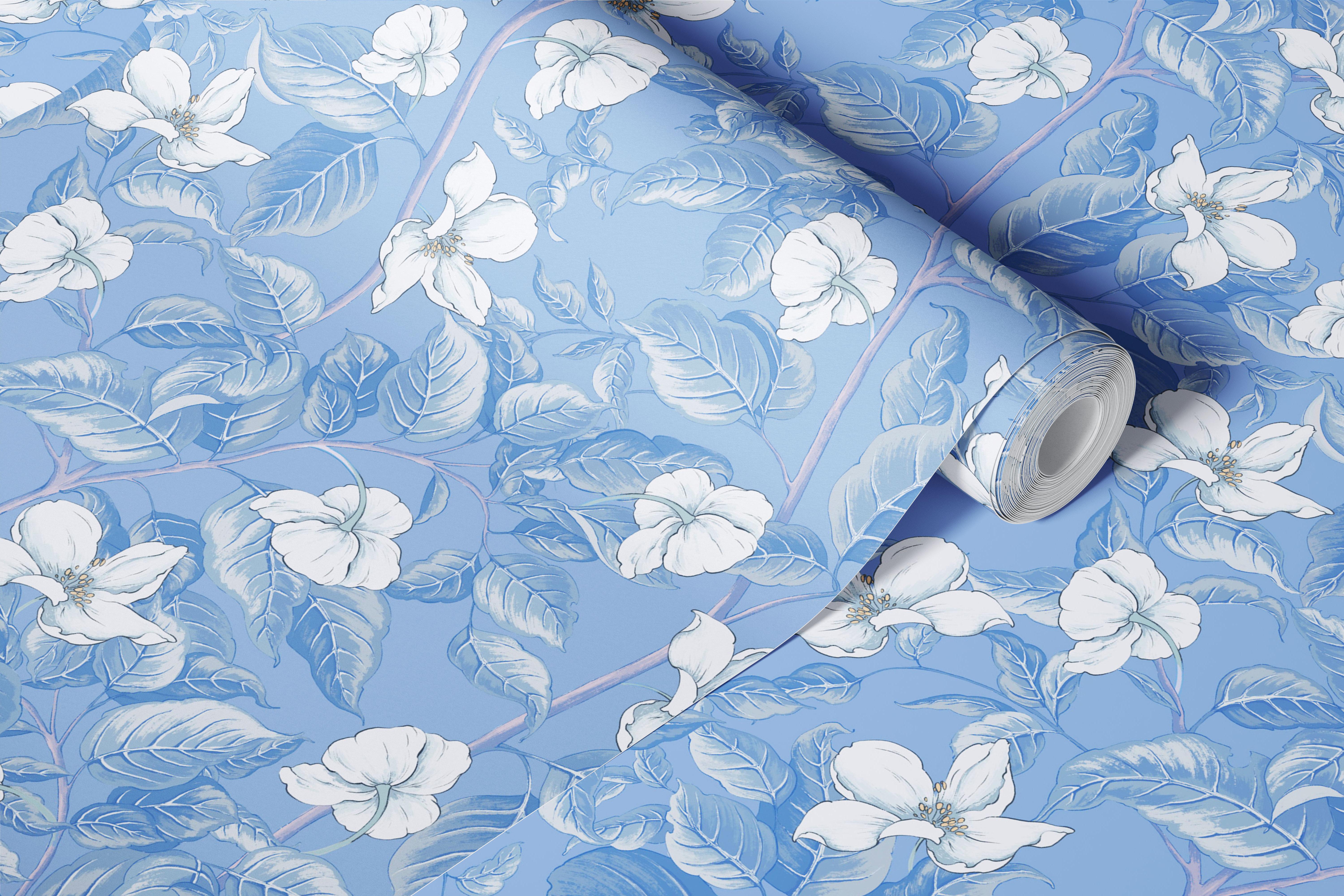 Blue floral wallpaper in a bright room