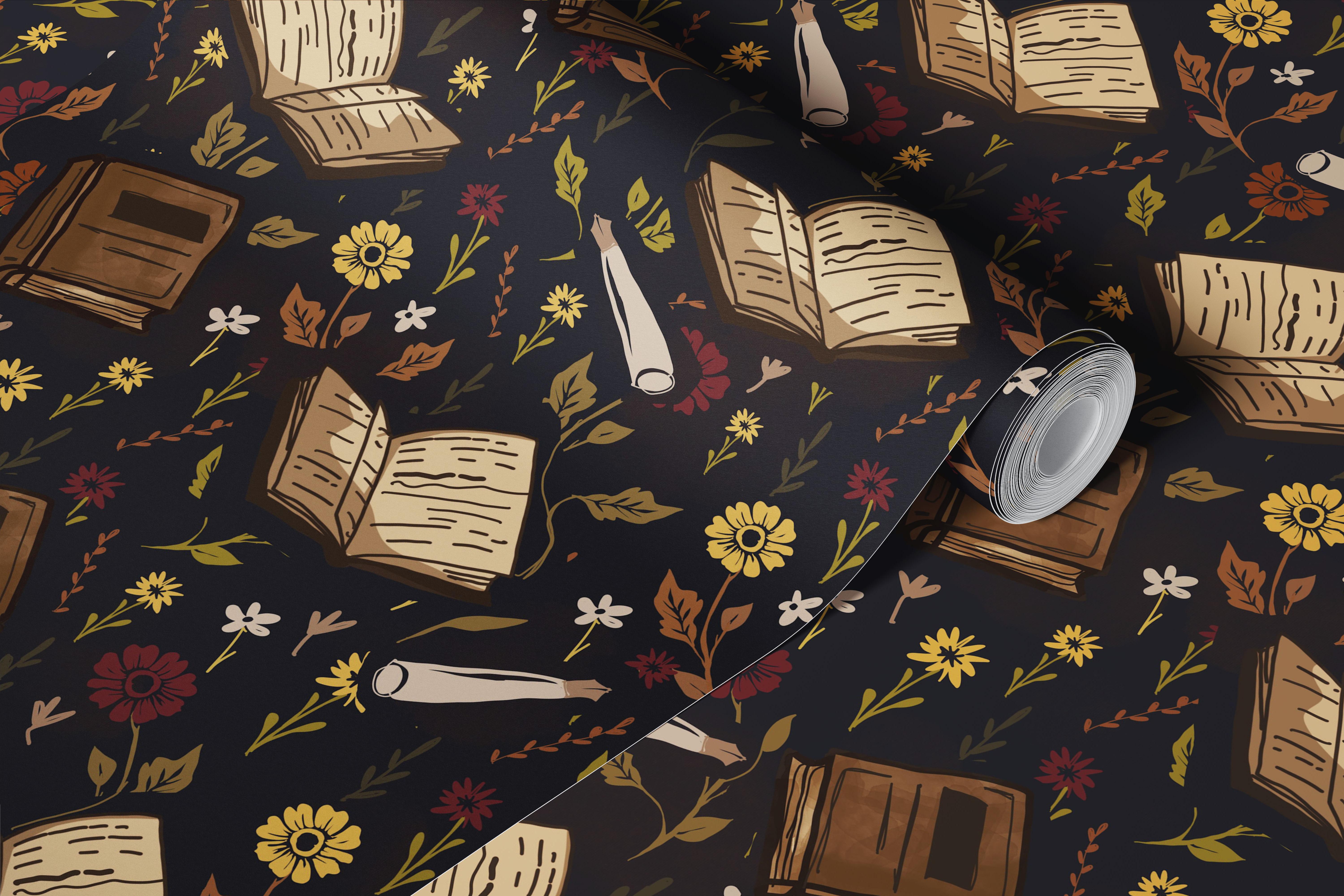 Cozy Library Floral Night wallpaper design