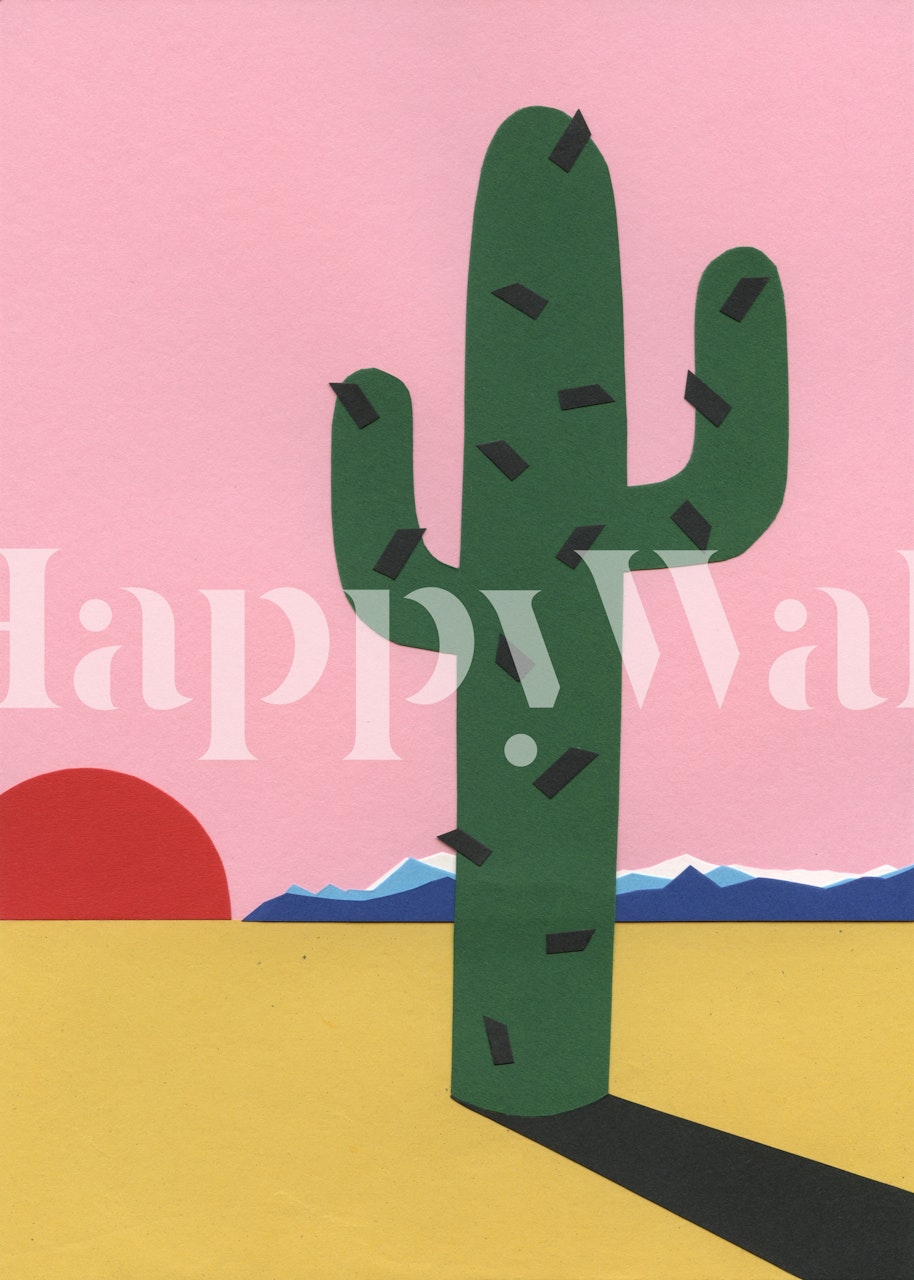 Cactus with black details on pink background and yellow desert wallpaper