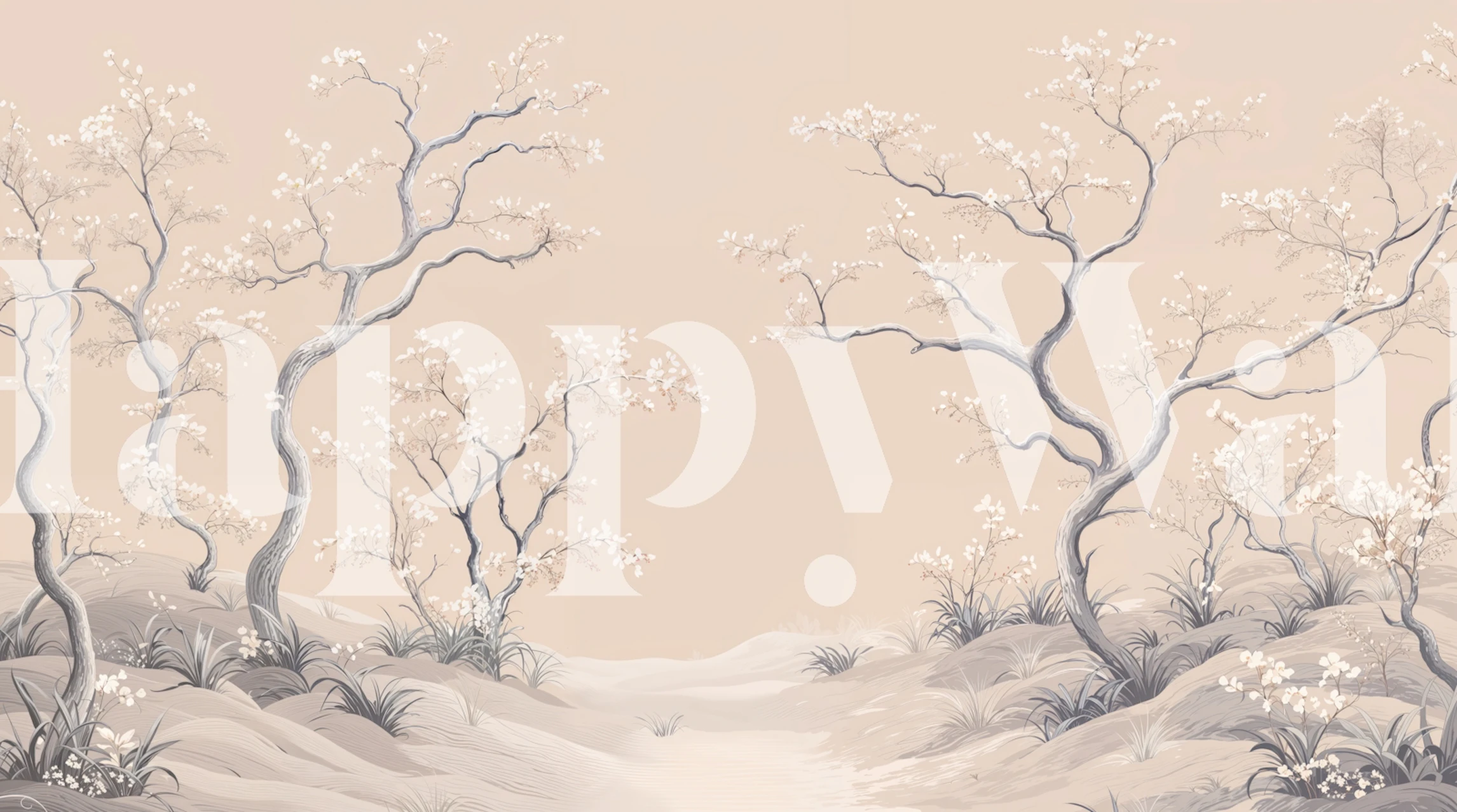 Soft Beige Cherry Blossom Grove behang in een kamer
