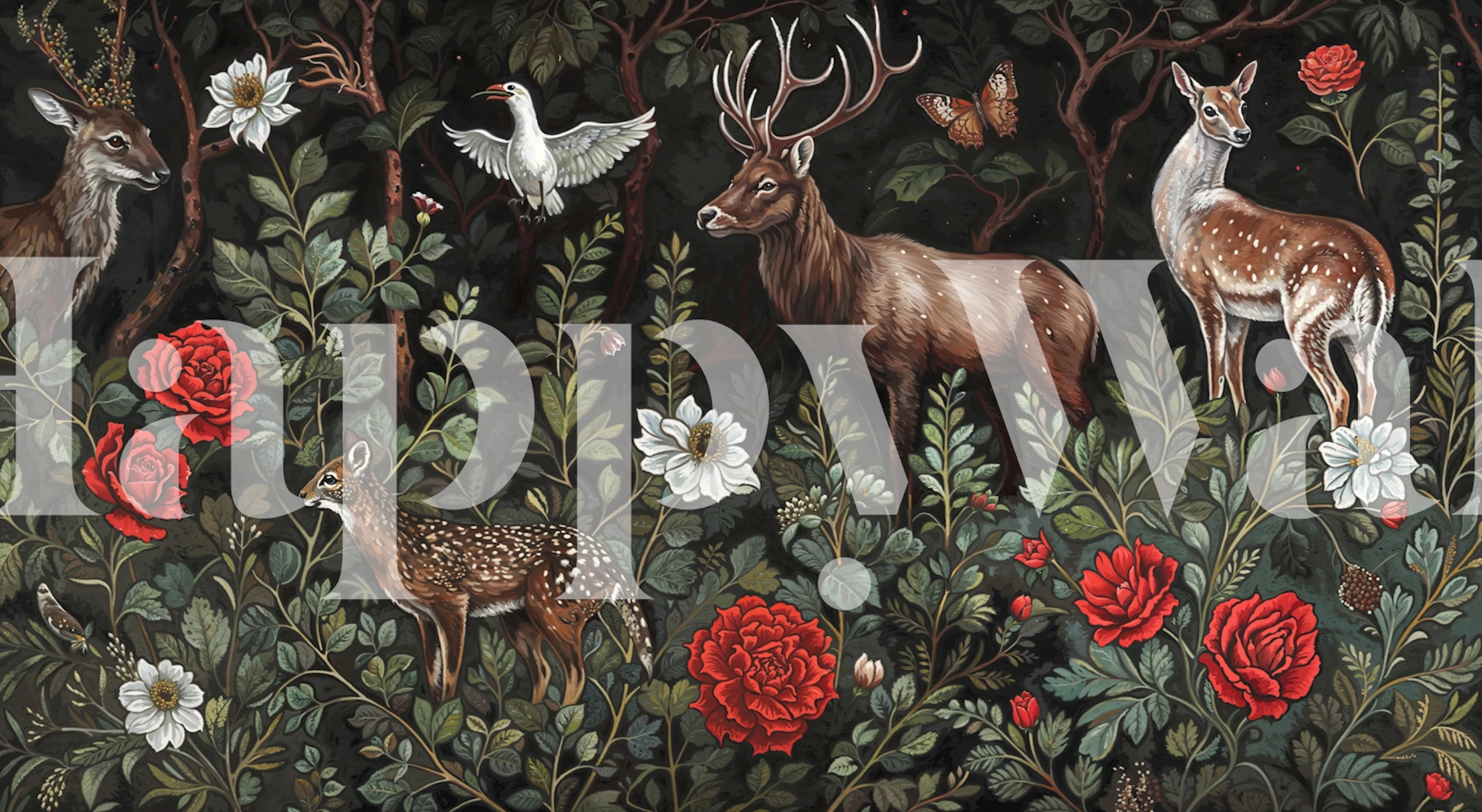 Dark Forest Deer Botanical tapet i et rum