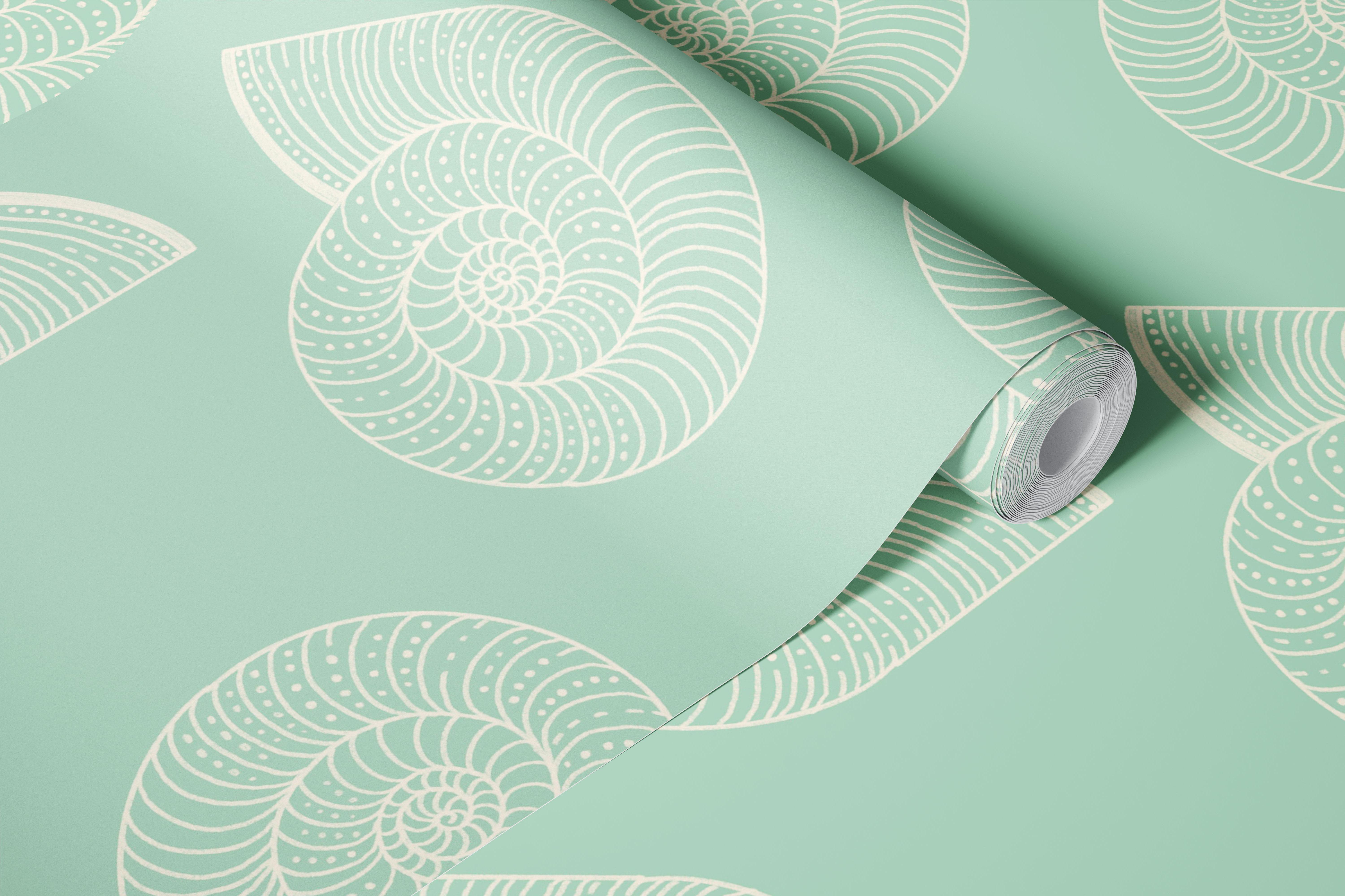 Mint wallpaper with monochrome seashell patterns