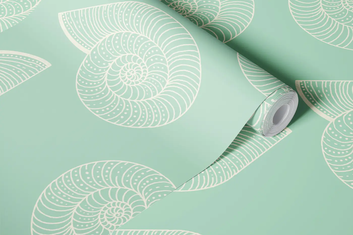 monochrome seashells pattern mint wallpaper roll