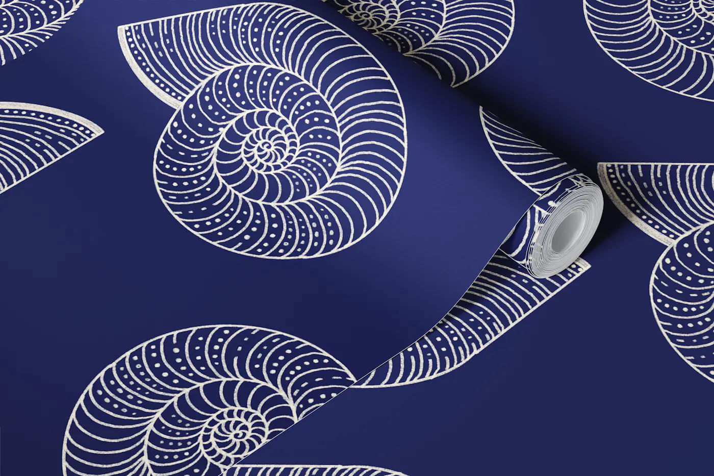 monochrome seashell pattern navy blue wallpaper roll