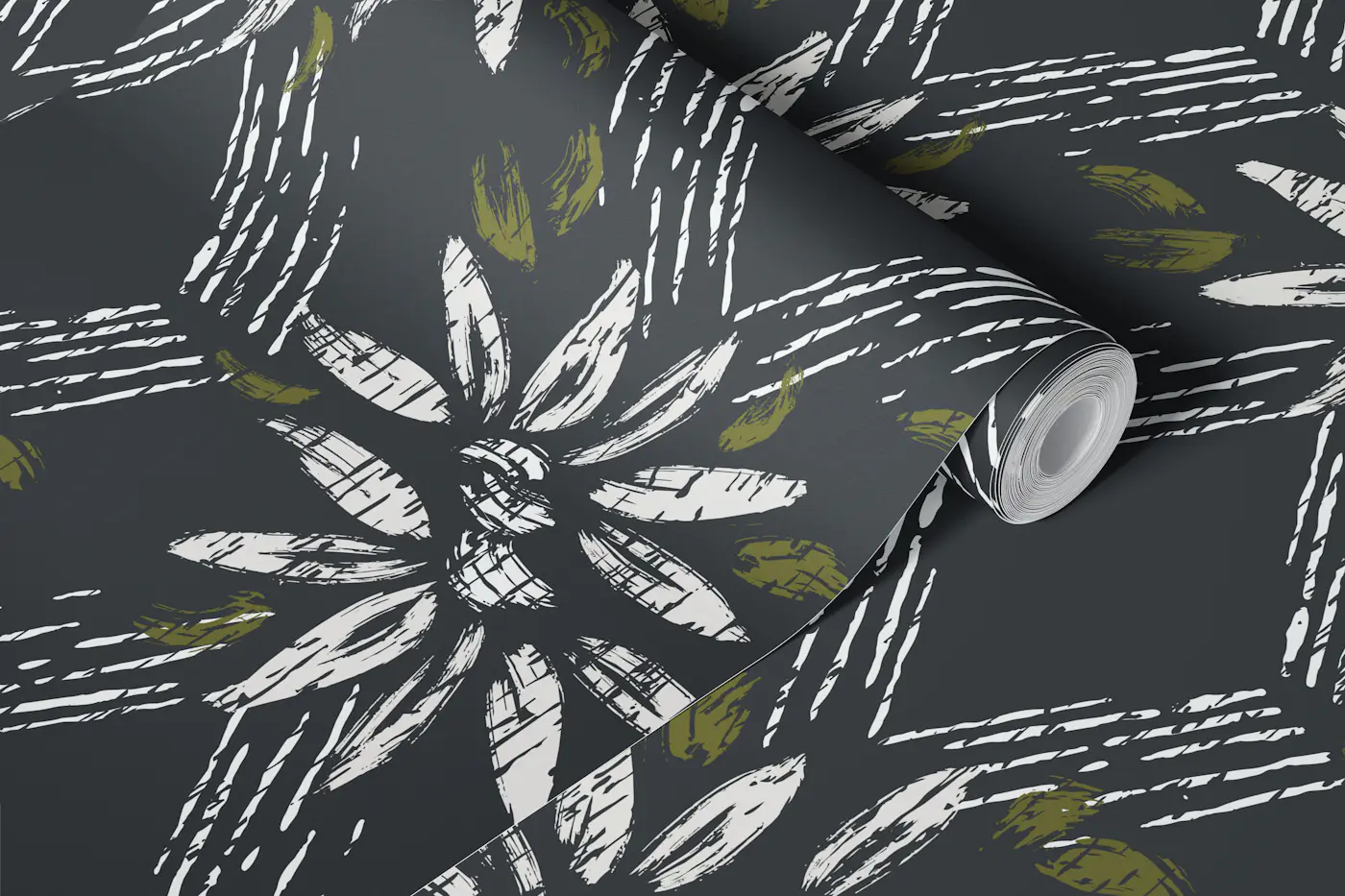 Modern Charcoal Boho Daisy White Petals wallpaper roll