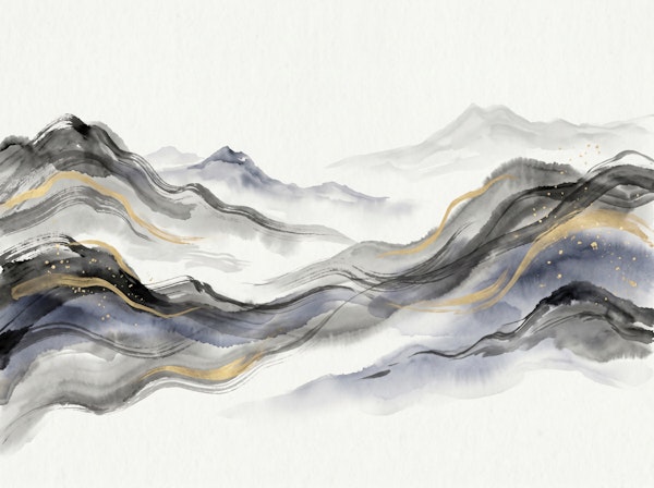 Misty Ink Mountains with Gold