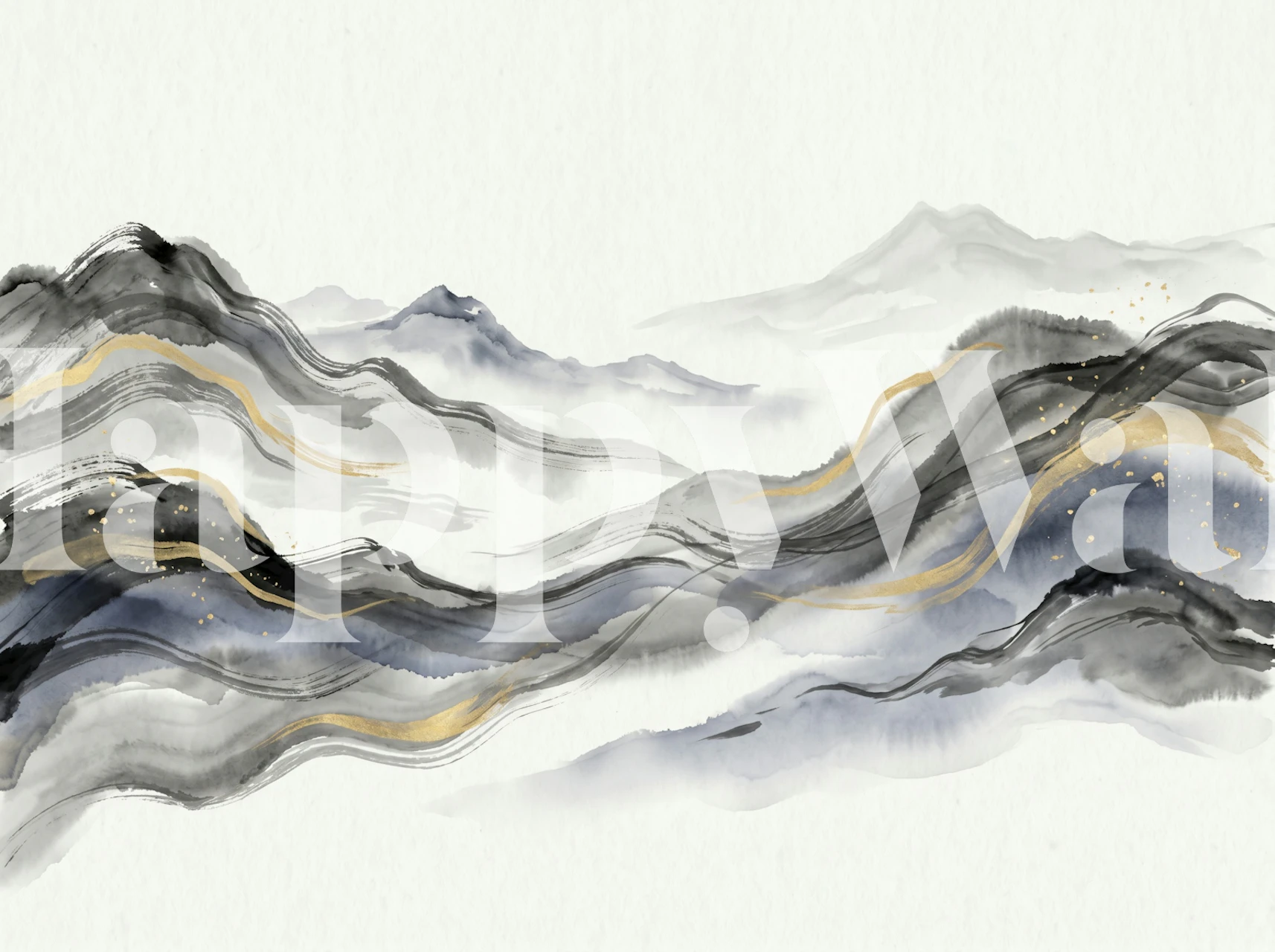 Misty Ink Mountains with Gold behang in een kamer