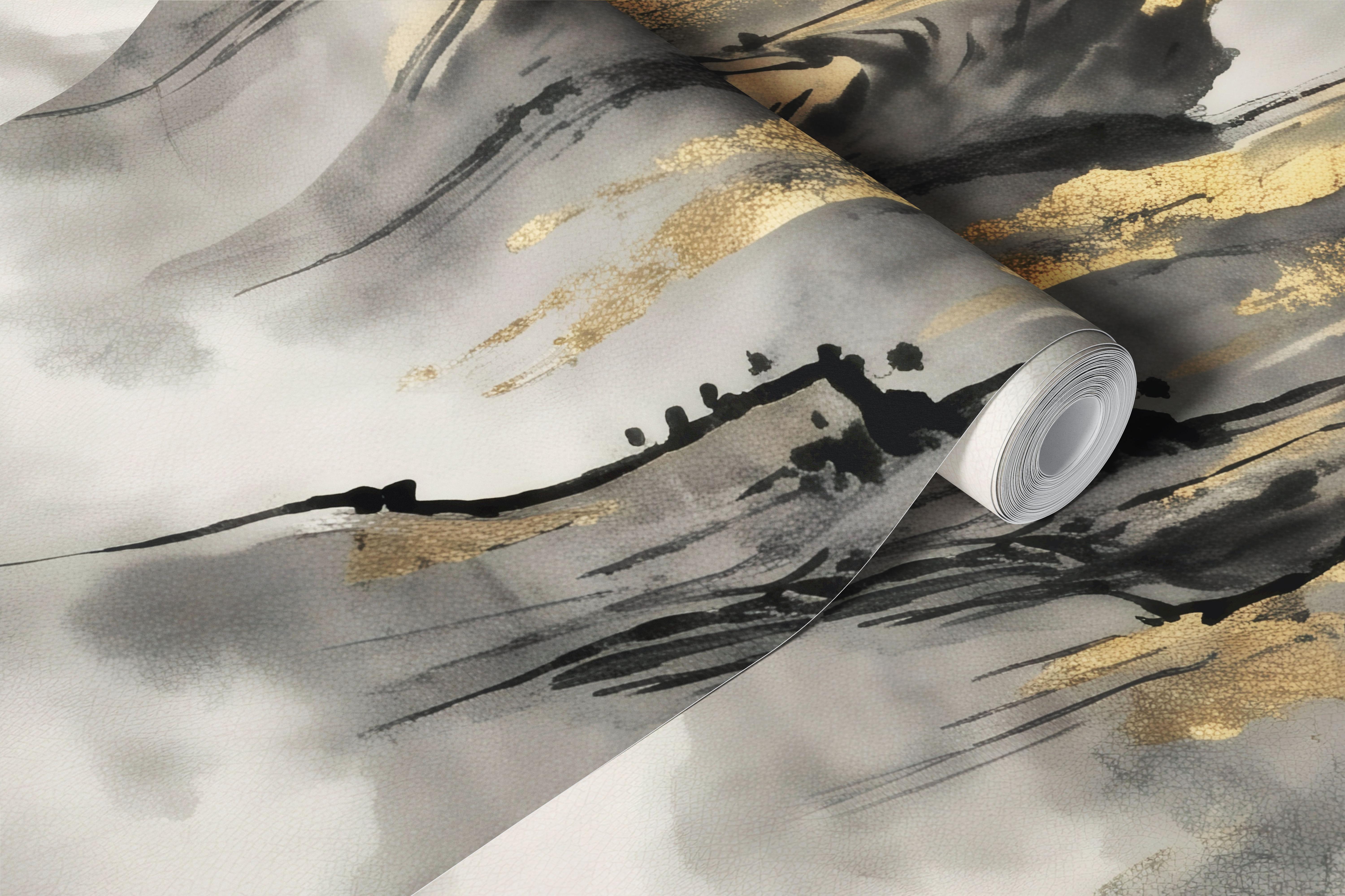 Misty Ink Mountains and River wallpaper in a room