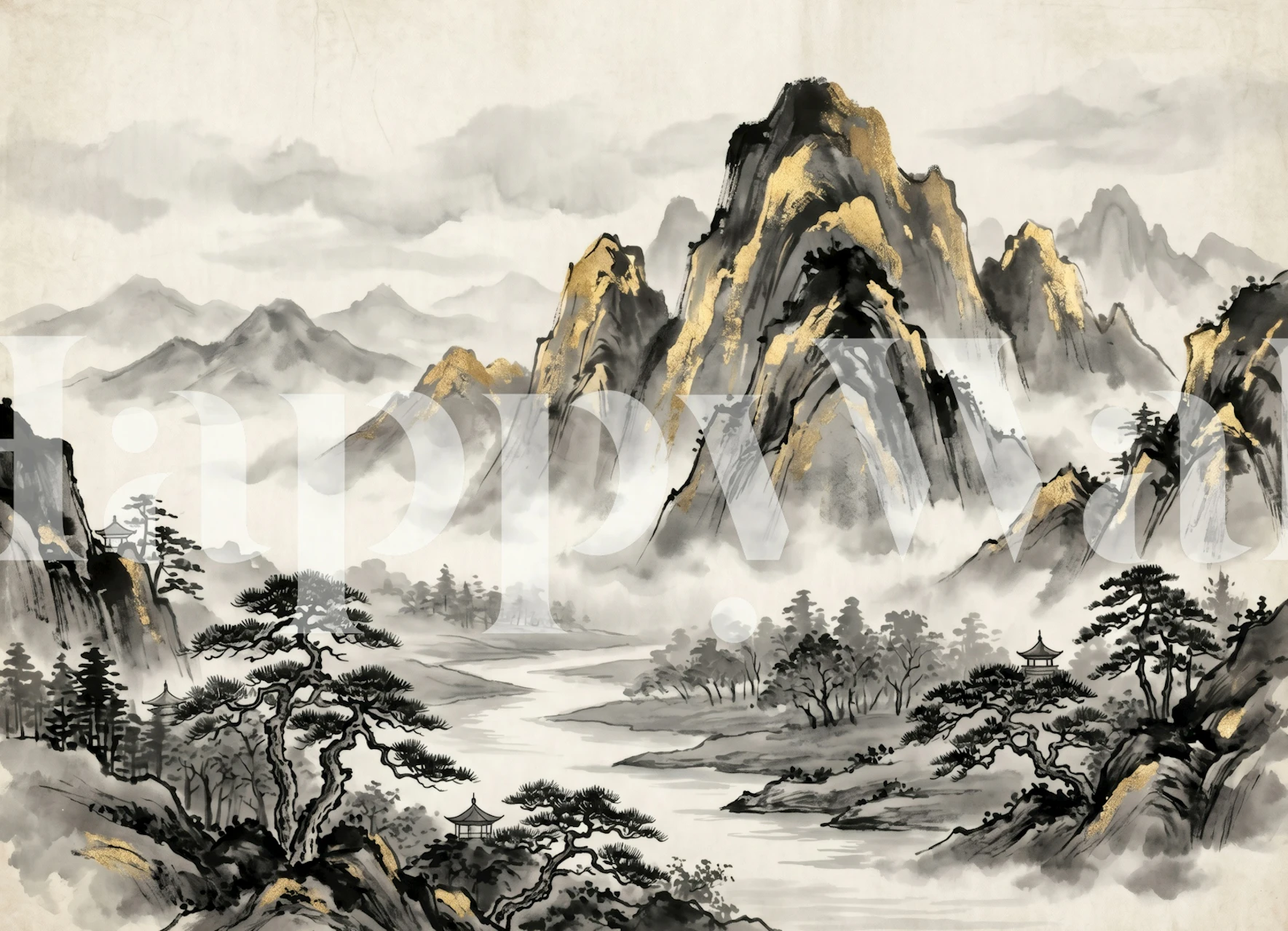 Misty Ink Mountains and River tapeta