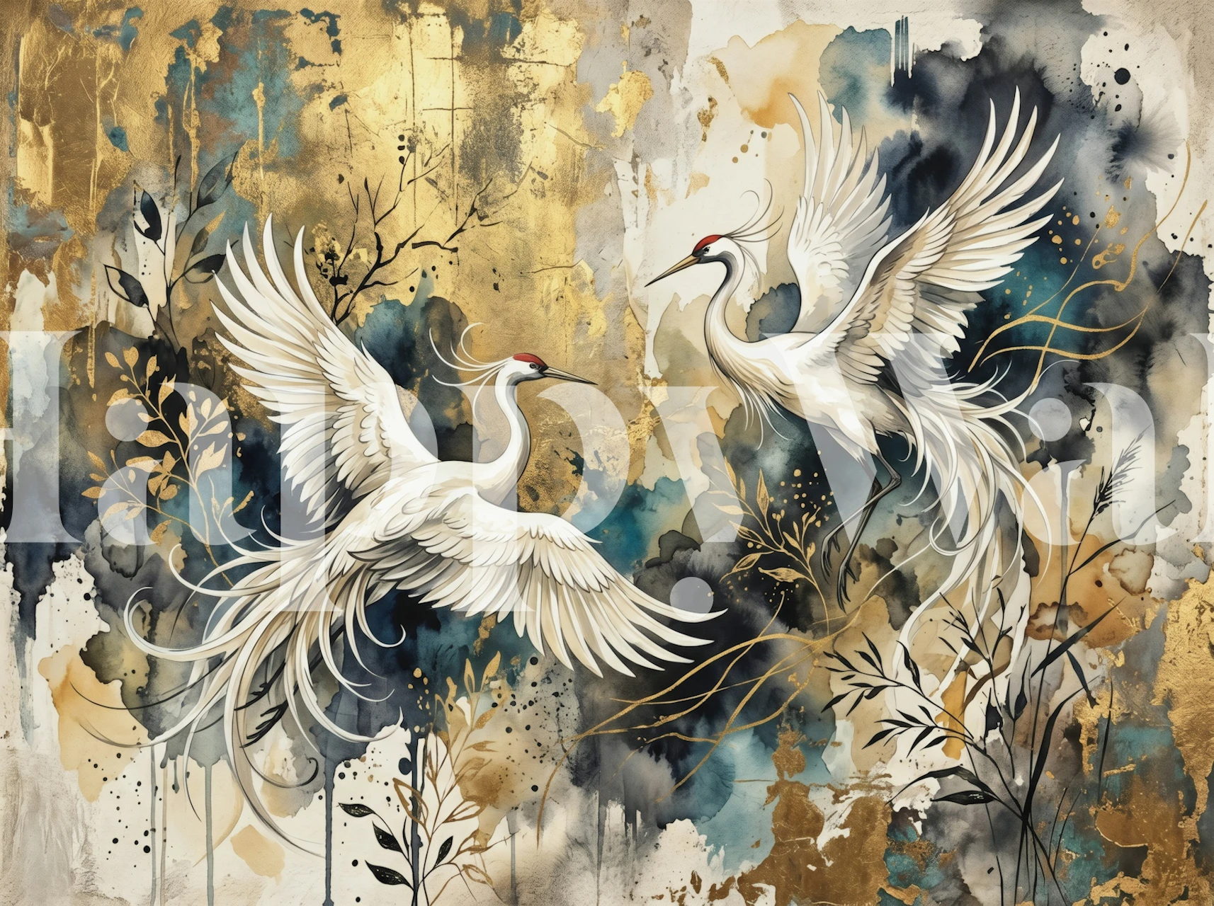 Elegant white cranes wallpaper in a room