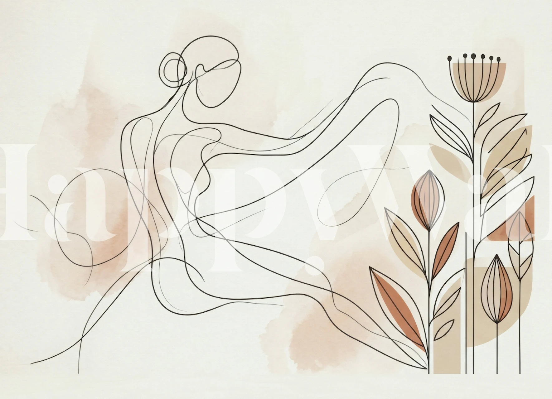 Abstract line figure with botanicals wallpaper