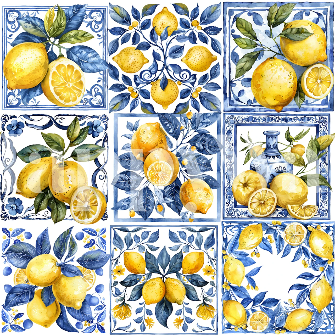 Mediterranean Lemon Tile Collage Tapete in einem Raum