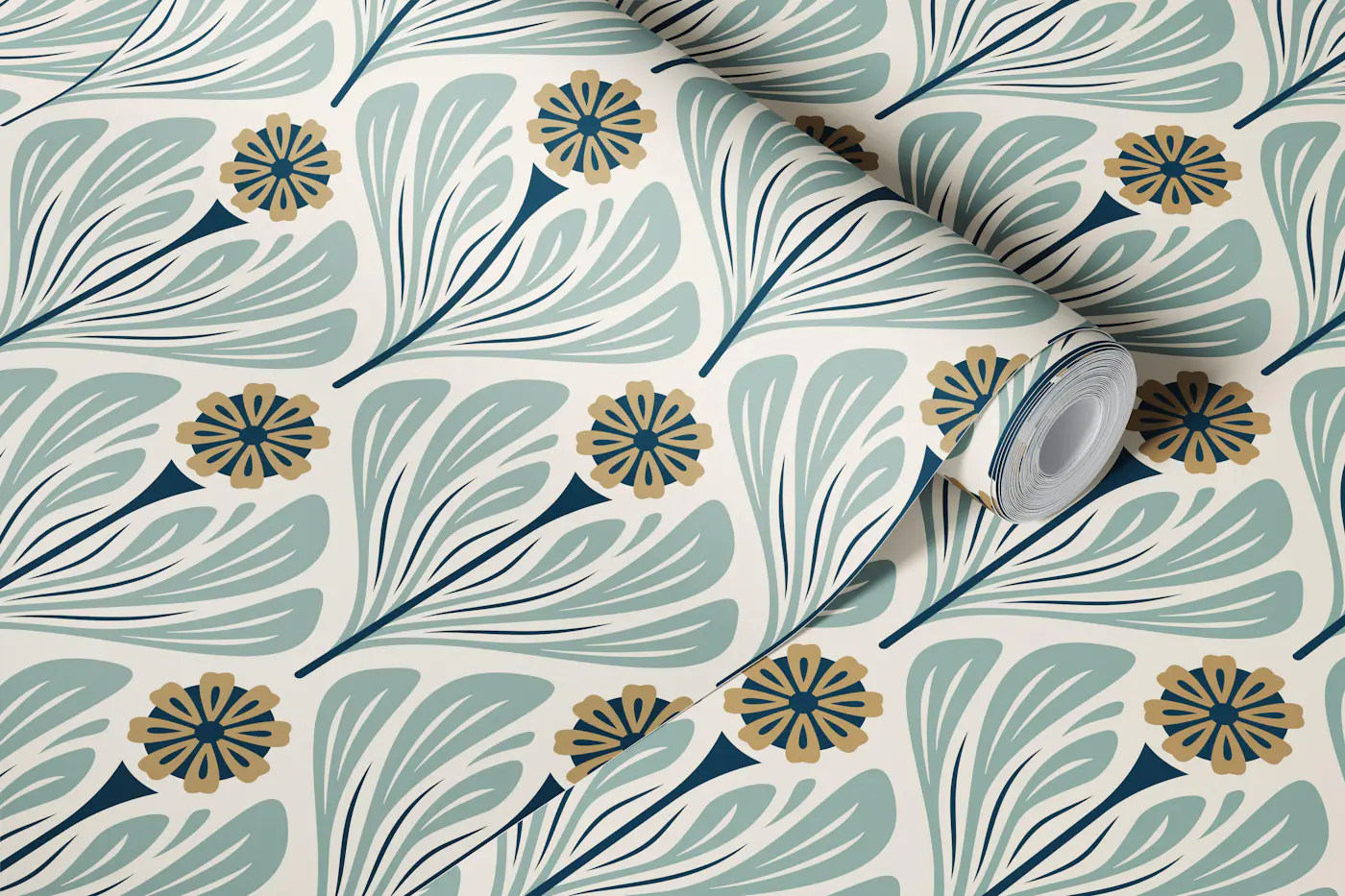 Scandi Folk Daisy in Teal Brown - S wallpaper roll