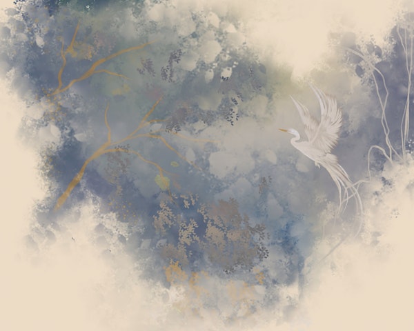 Misty Forest Branches and Heron