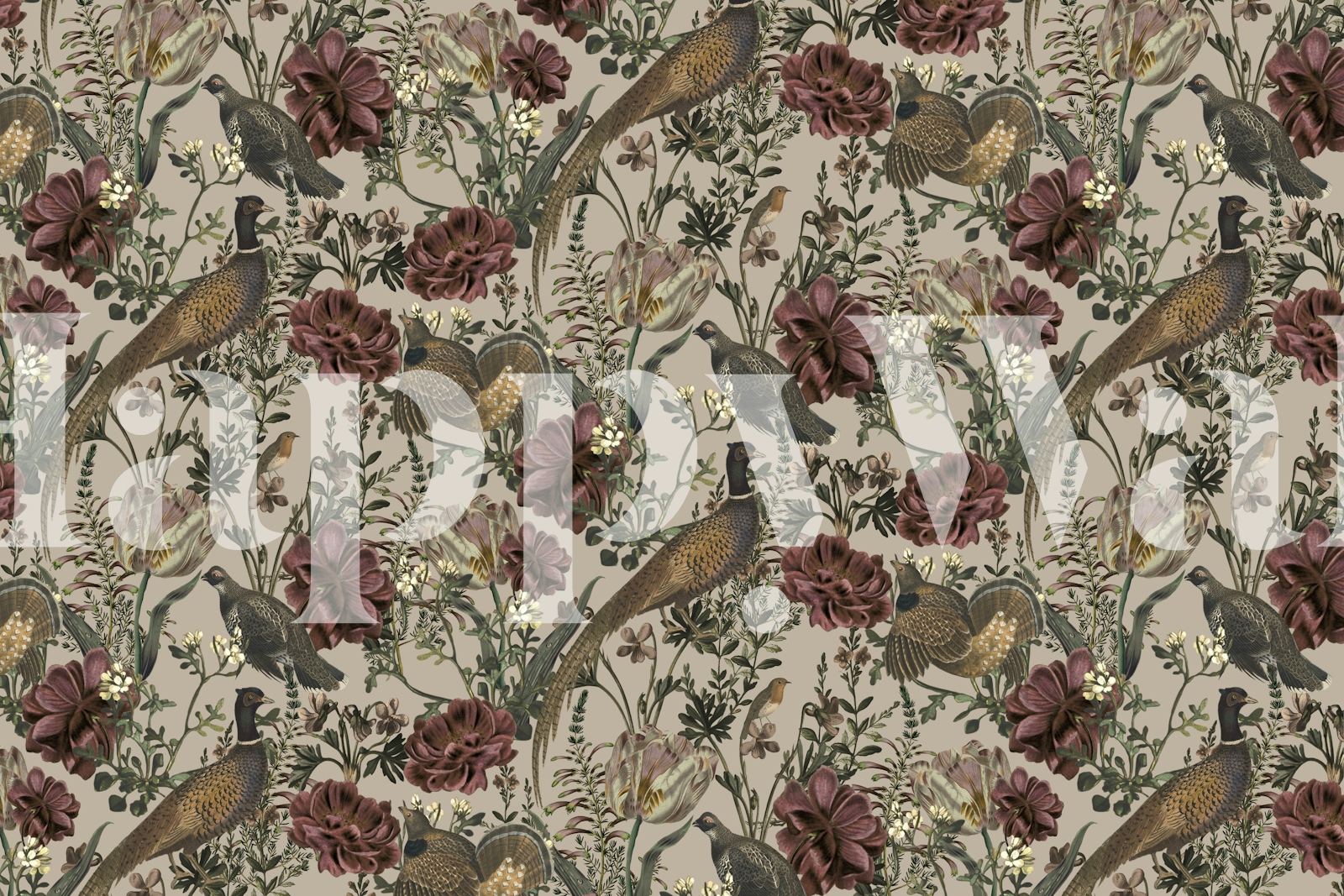 Papel de parede inspirado na natureza com pássaros e flores.
