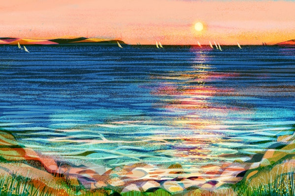 Sunset Sailboats Over Blue Sea