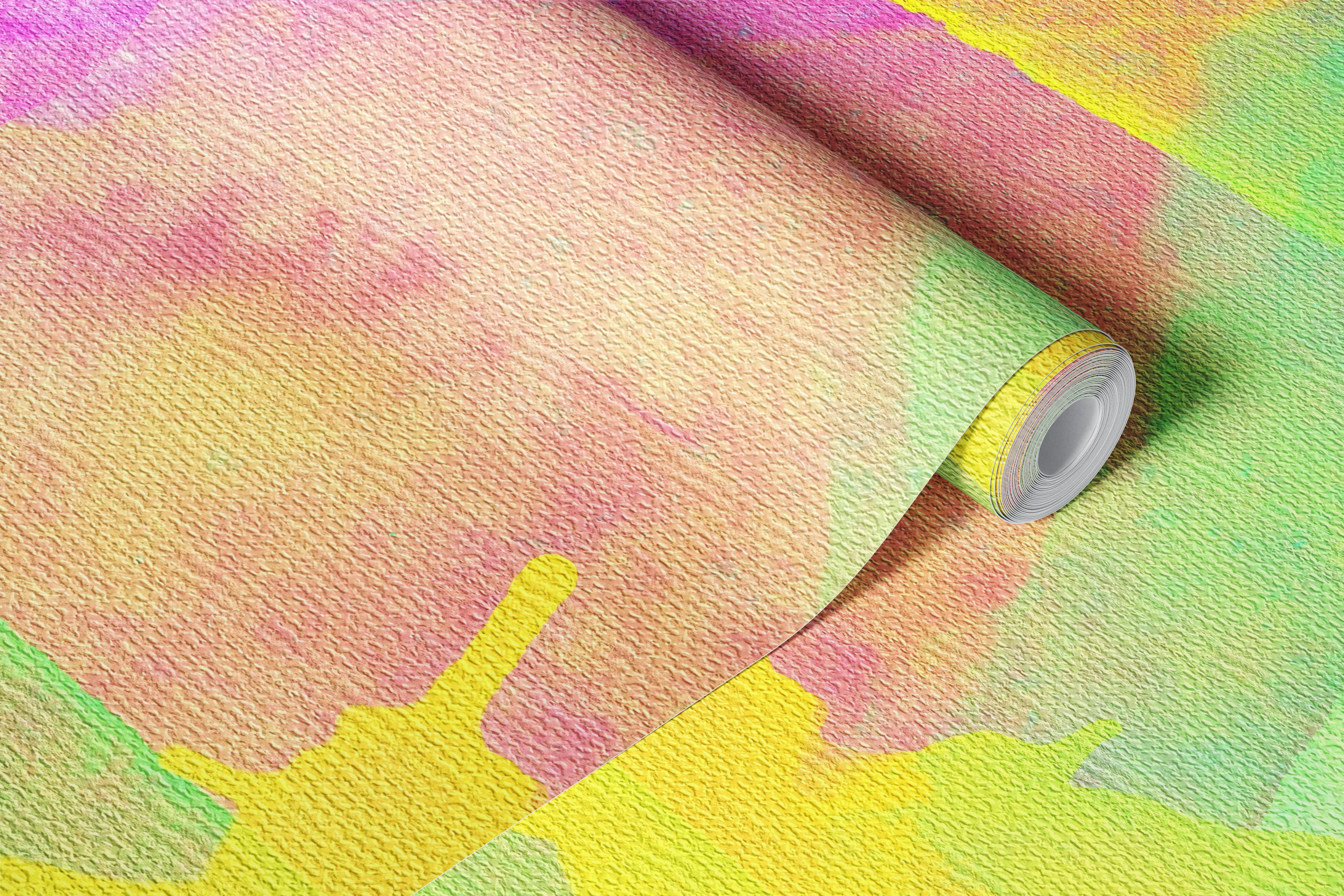 Papel de parede com nuvens em tons pastel e arco-íris num quarto