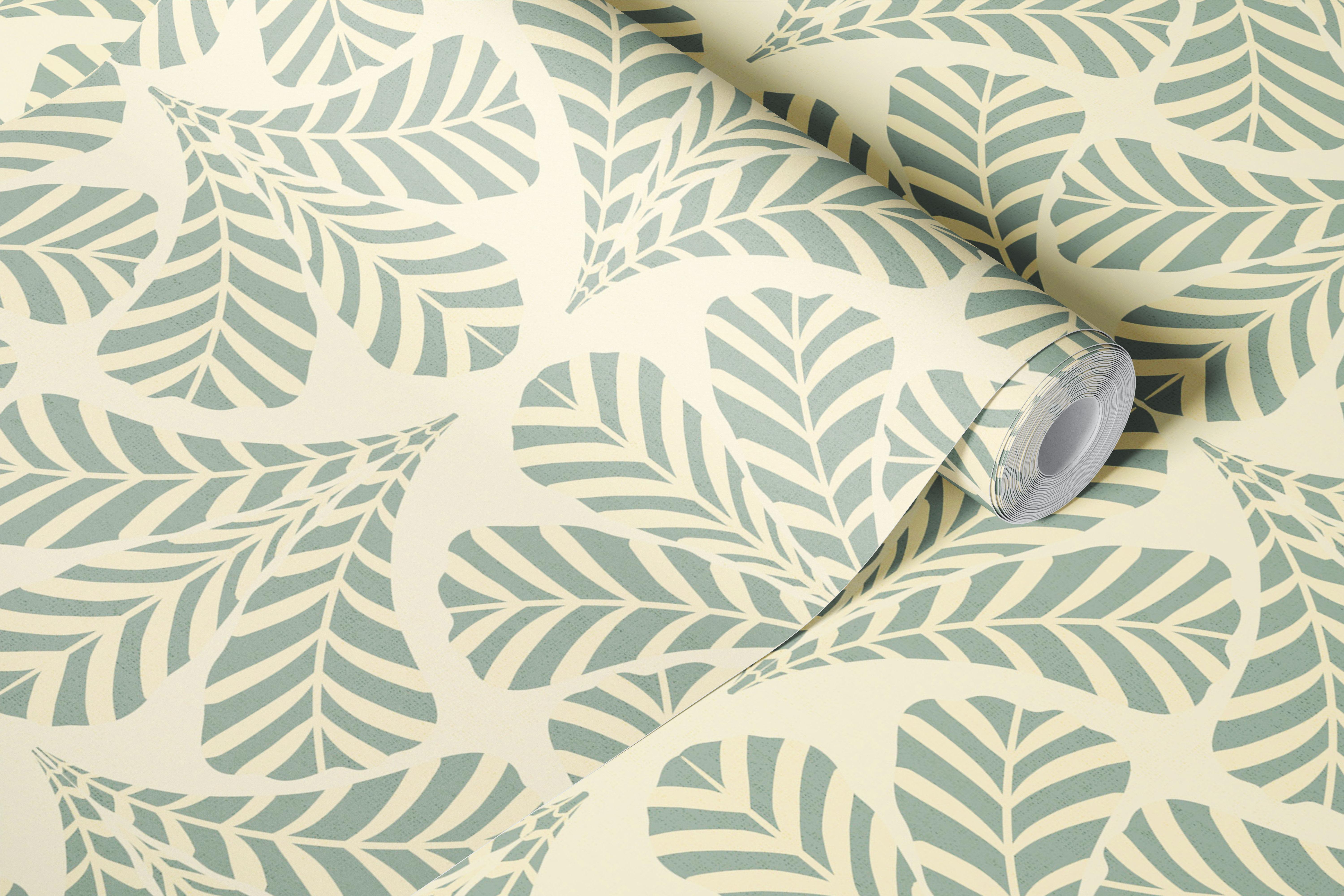 Sage tropical leaf wallpaper in a cream room