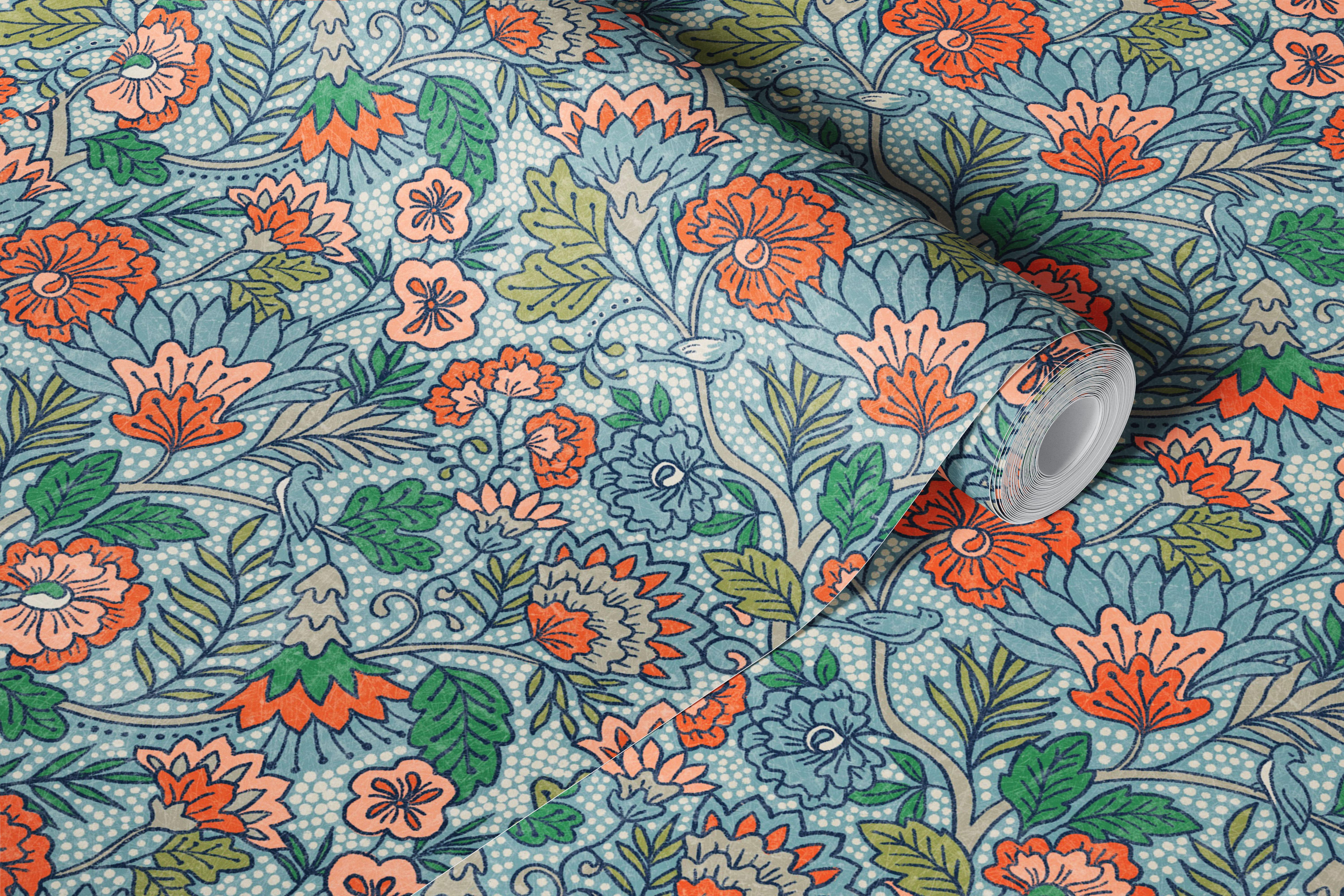 Blue floral wallpaper in a room with coral flowers