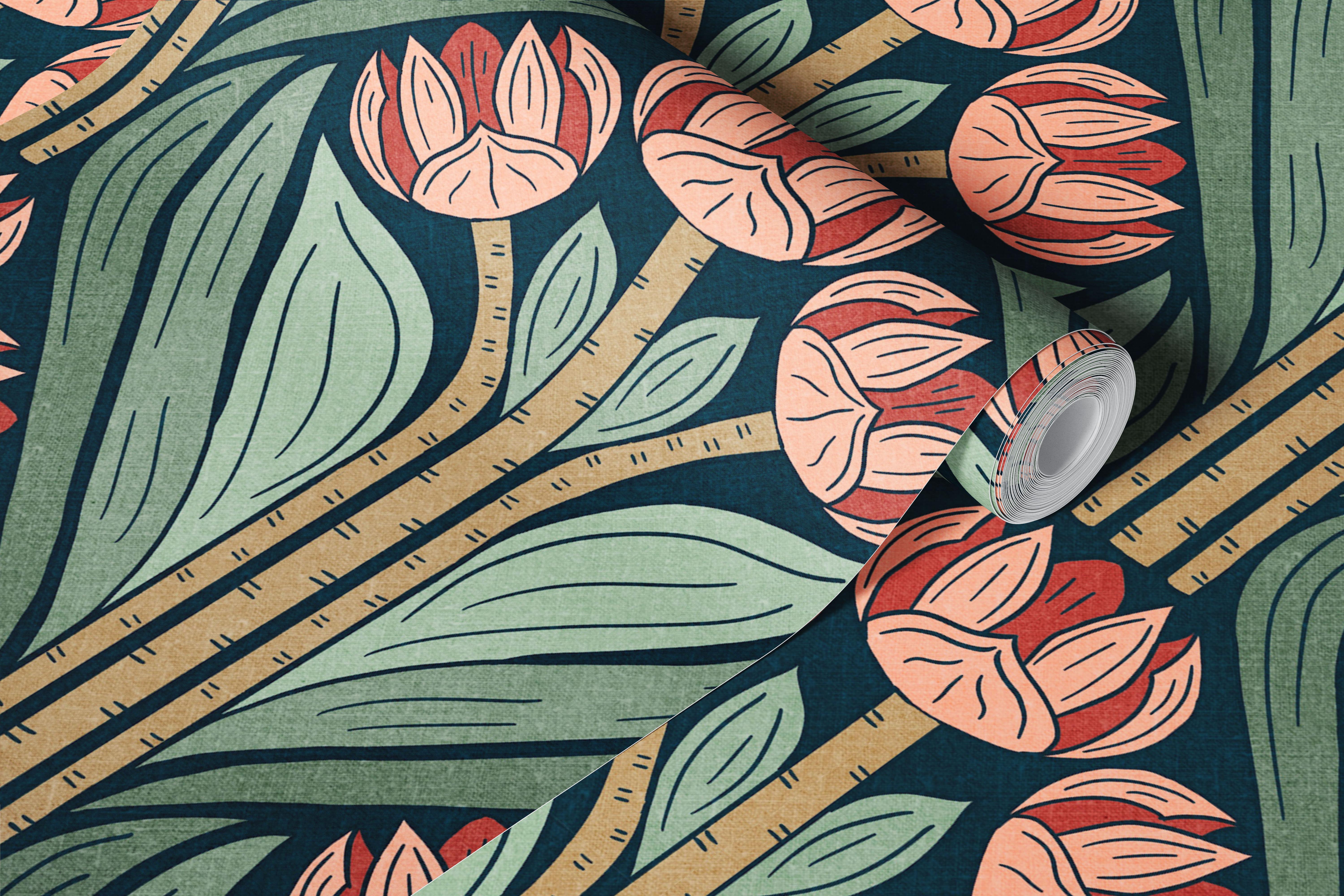 Coral and sage tulips wallpaper in a room