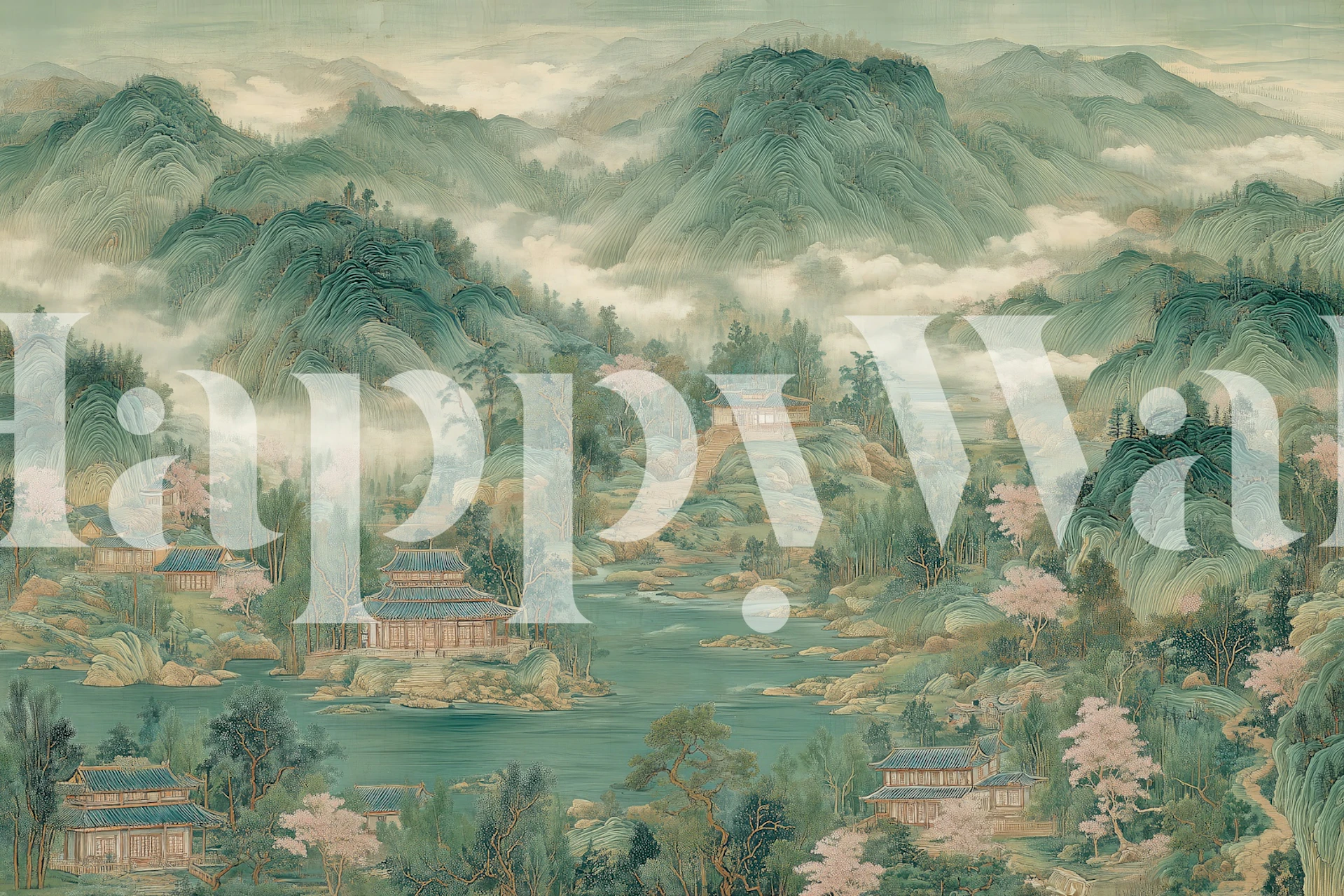 Misty Jade Mountain Village wallpaper in a room