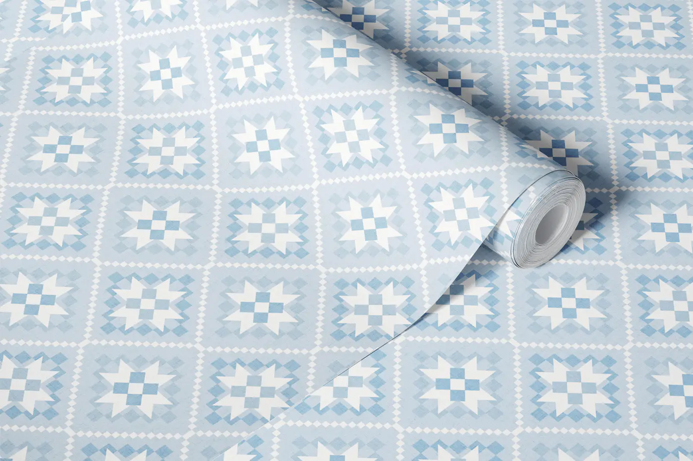 Cottage Quilt Block - Light grey blue wallpaper roll