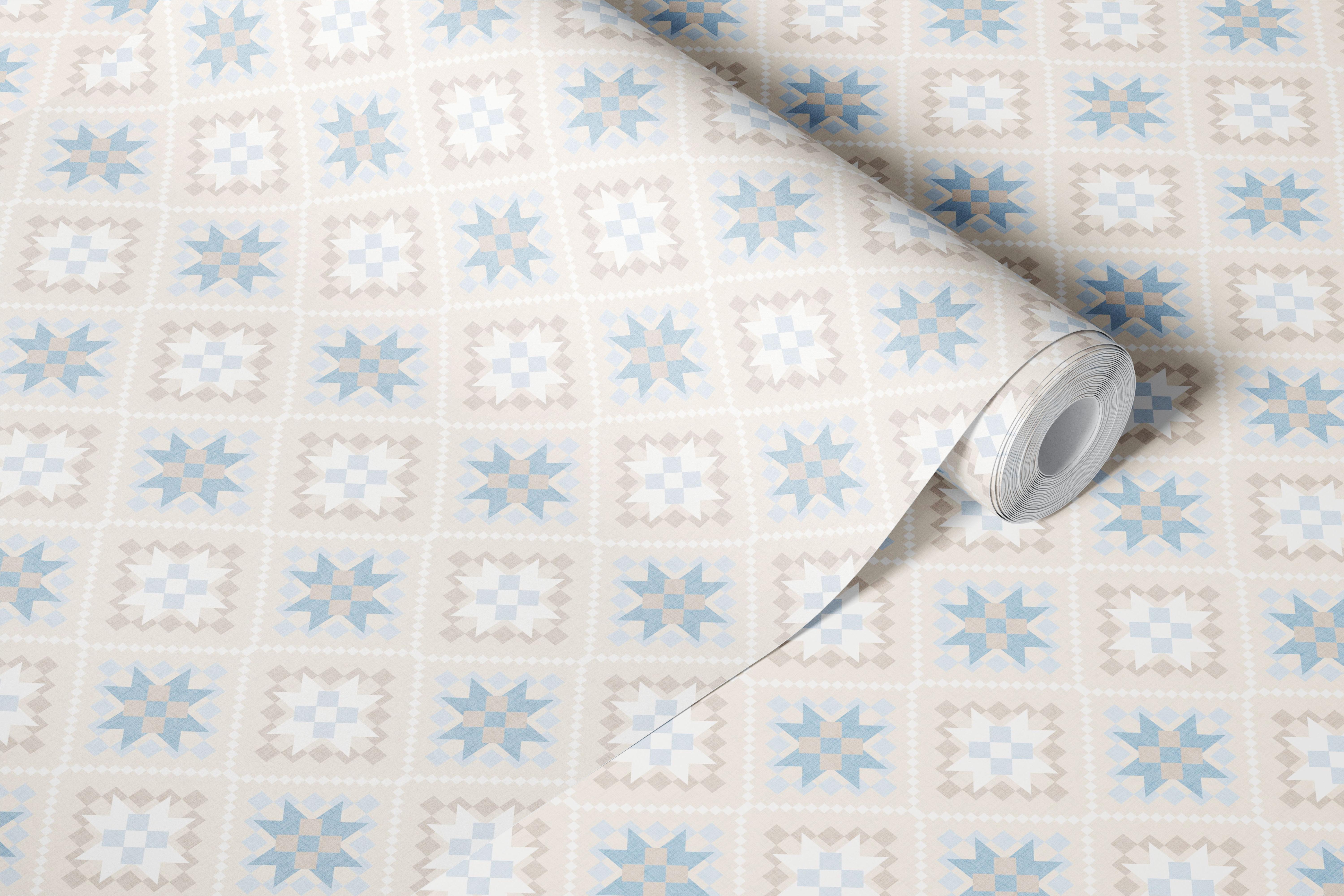 Coastal quilt block wallpaper in a soft blue room