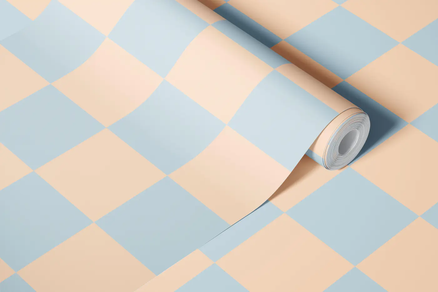Peach & light blue bathroom checkers M wallpaper roll