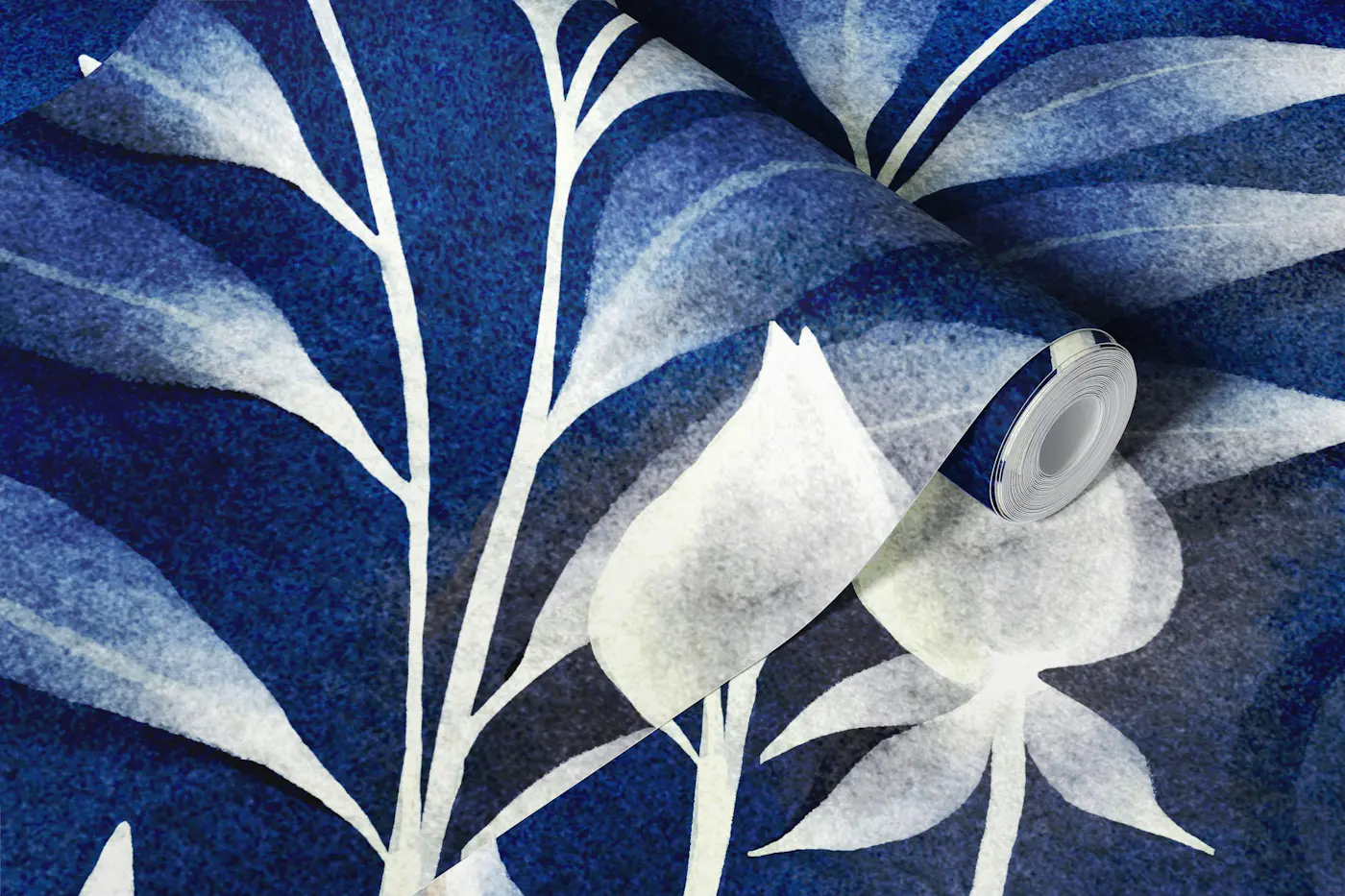 Dreamy White Florals on Indigo wallpaper roll