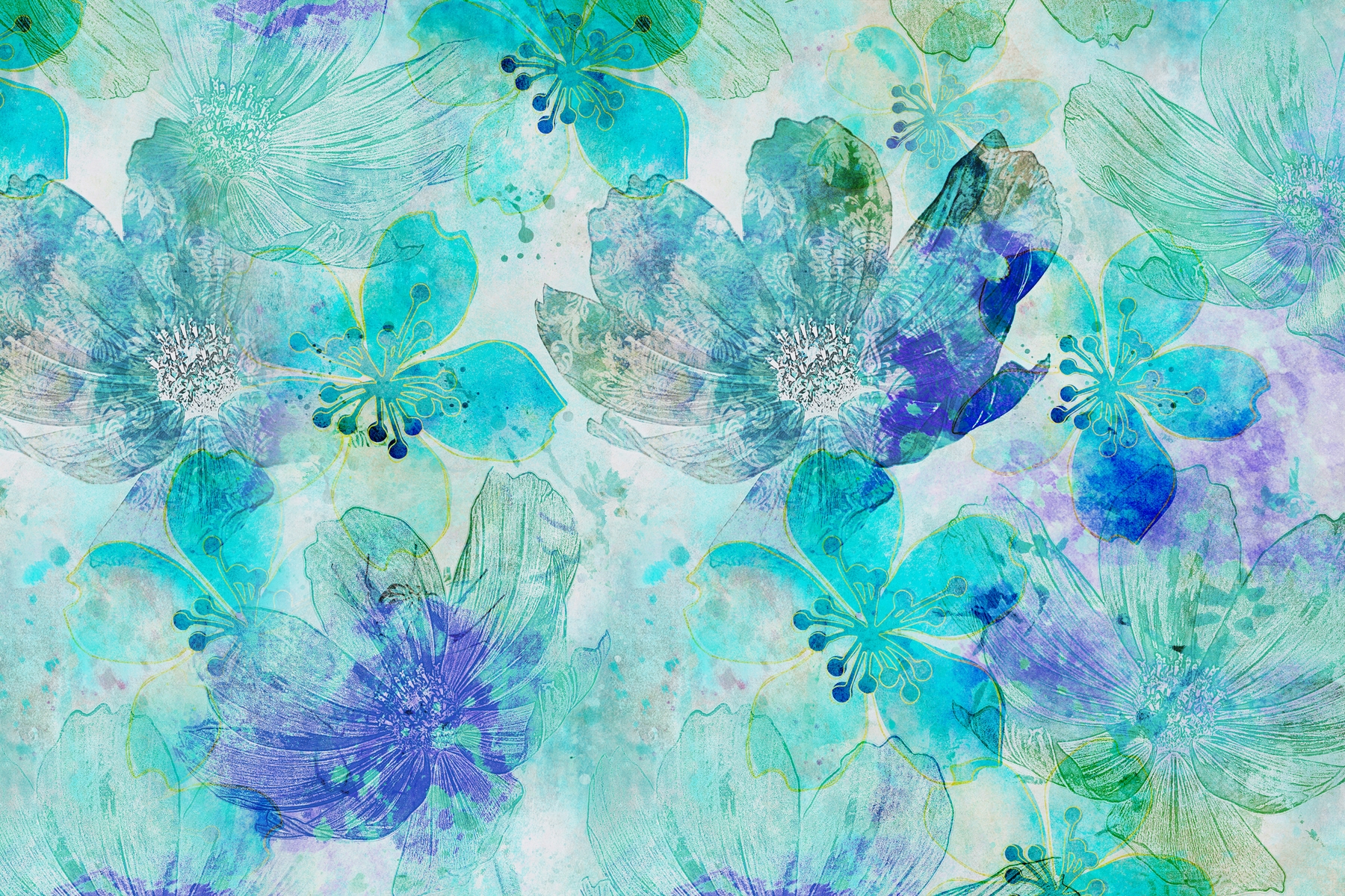 Blue Teal Abstract Flowers Wallpaper | Happywall