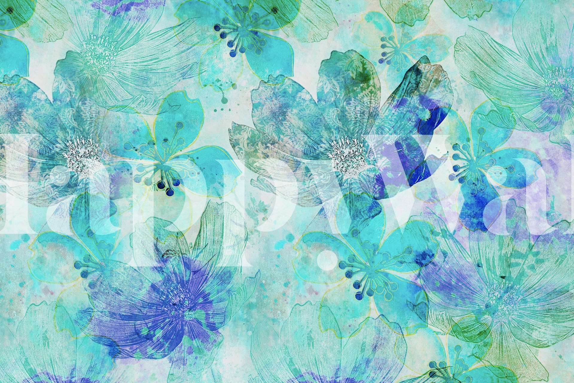 Blue Teal Abstract Flowers Wallpaper | Happywall