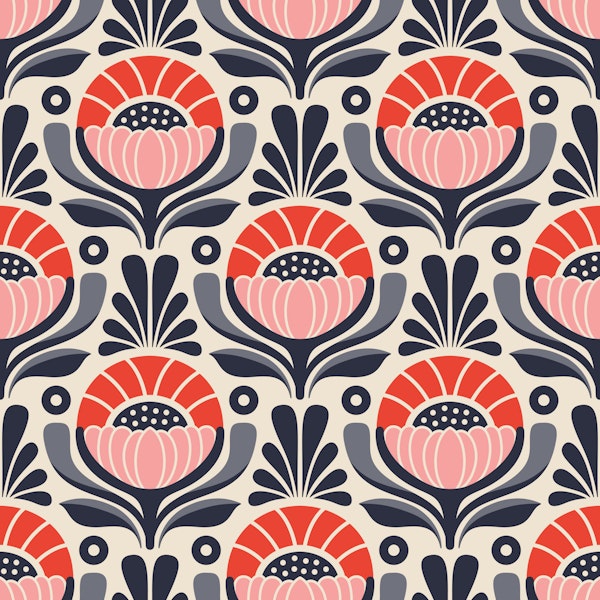Retro Mod Flower Blooms Pink Red
