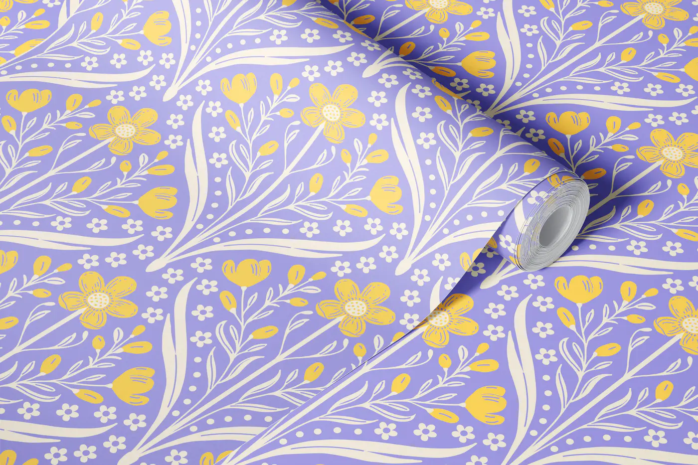 cottage buttercup damask - lilac yellow wallpaper roll