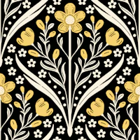 art nouveau floral damask black yellow papel de parede